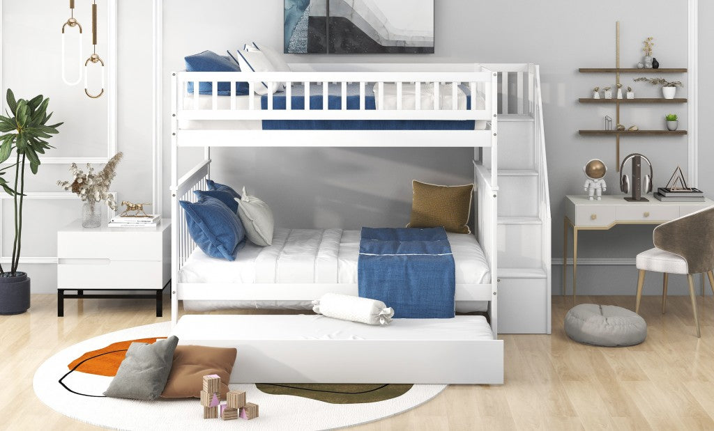 White Full Over Full Farmhouse Style Bunk Bed with Trundle and Staircase