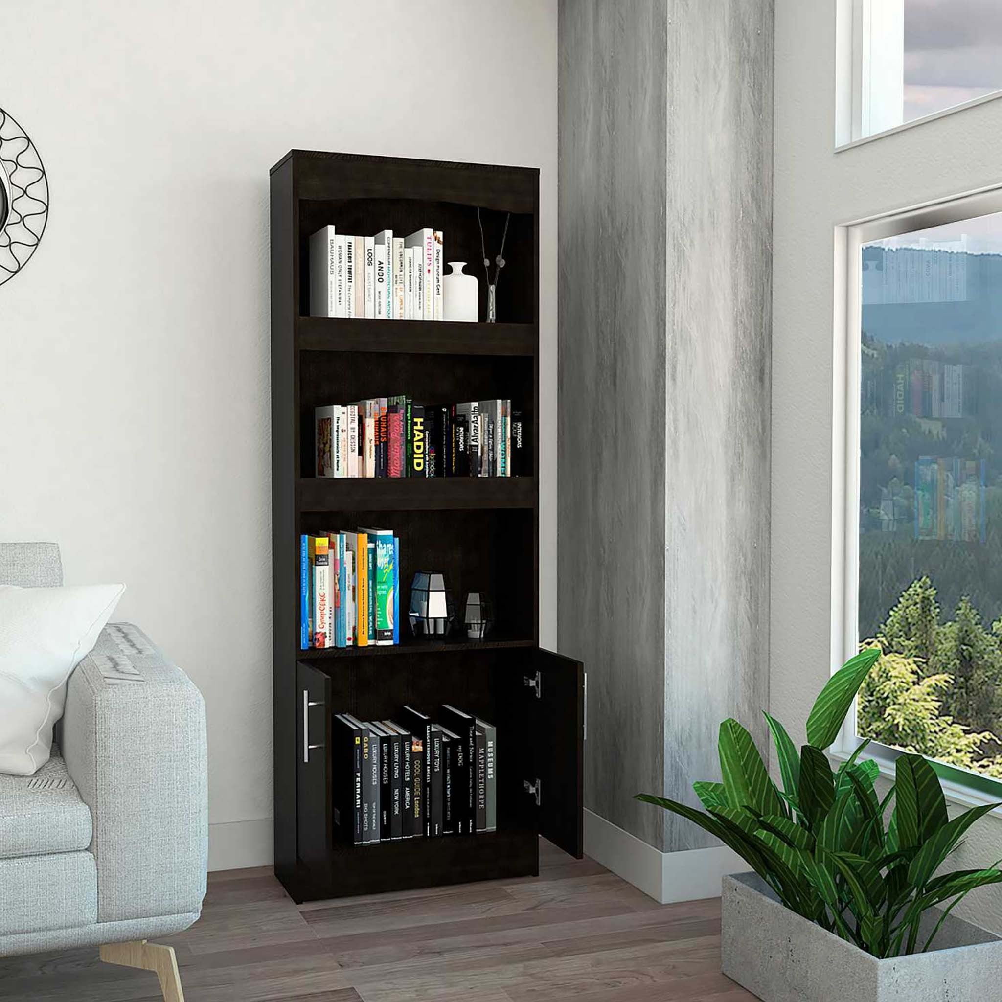 71" Black Three Shelf Bookcase with Cabinet Storage