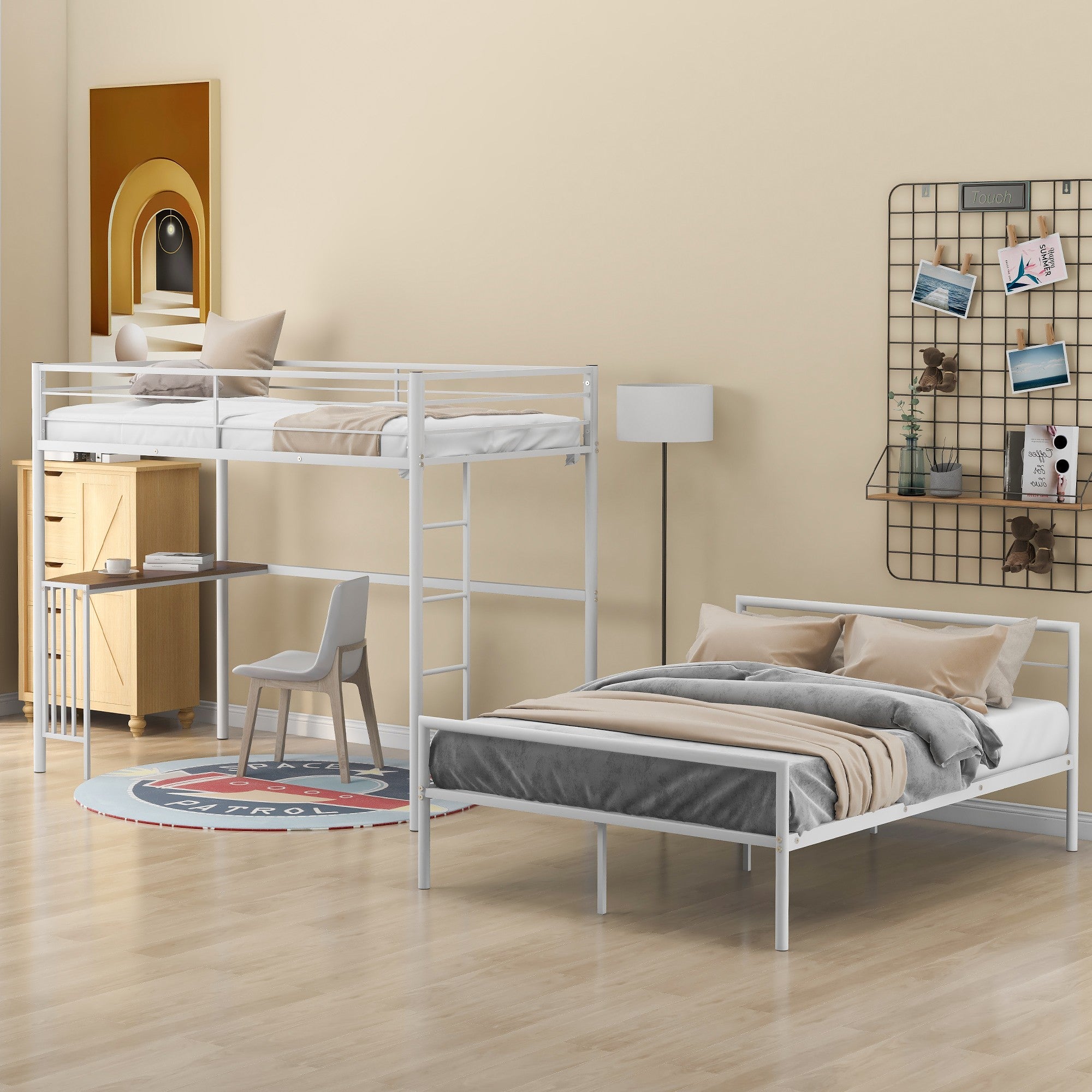 White Twin Over Full Size Metal Bunk Bed with Desk