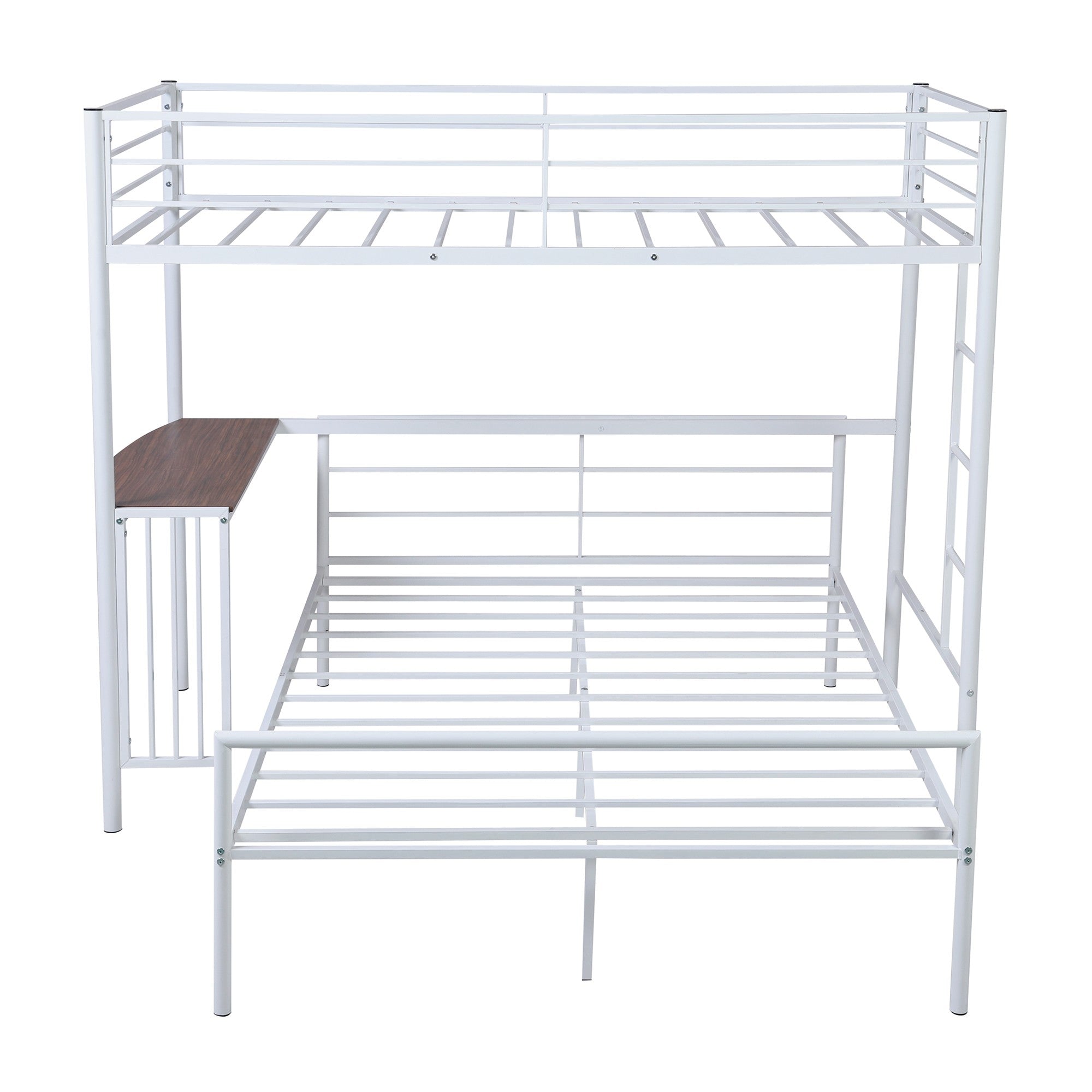 White Twin Over Full Size Metal Bunk Bed with Desk