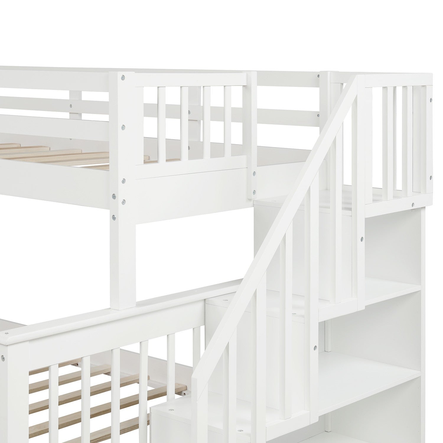 White Twin Over Full Contemporary Bunk Bed With Stairs And Shelves