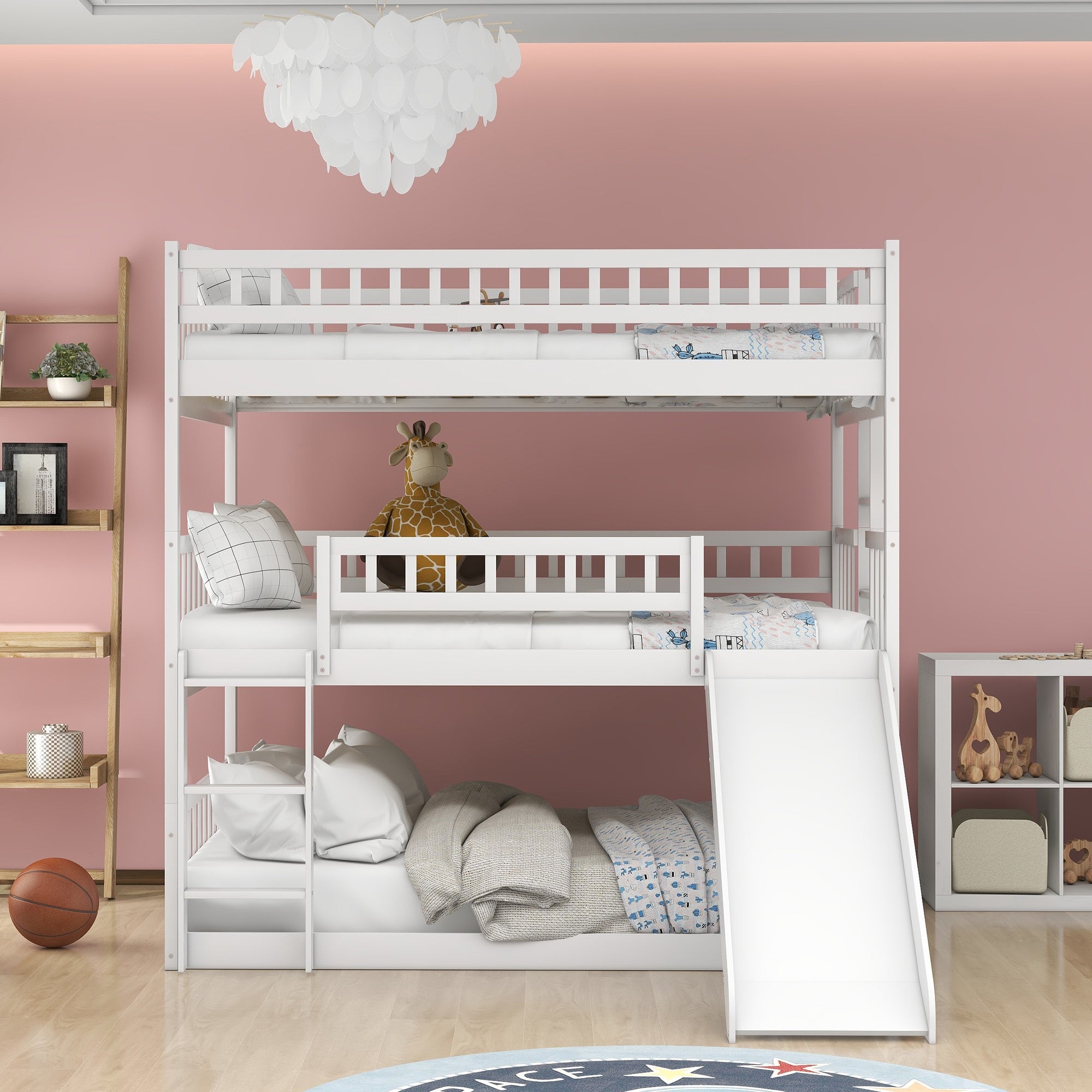 White Full Over Full Over Full Contemporary Bunk Bed With Slide