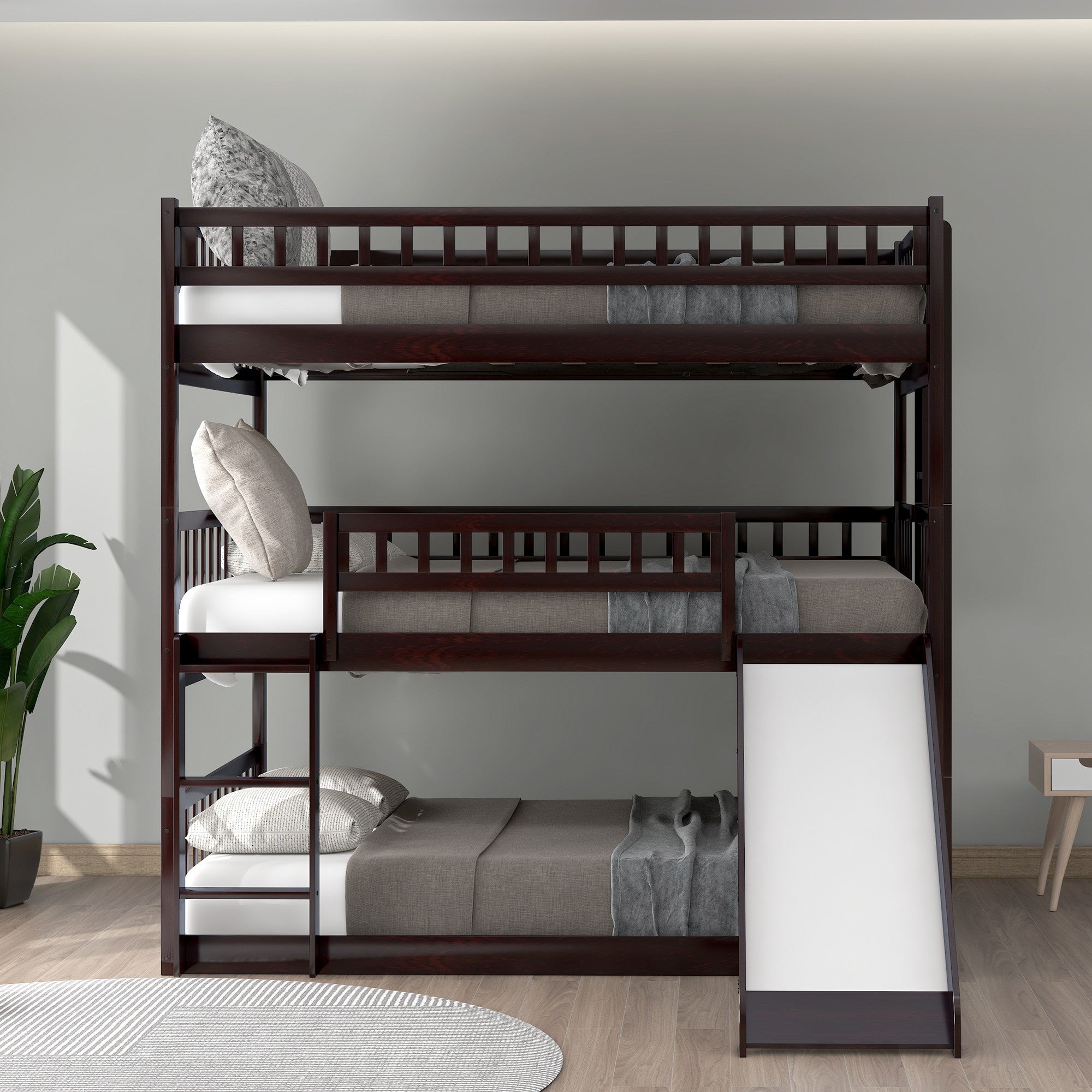 Espresso Full Over Full Over Full Contemporary Bunk Bed With Slide