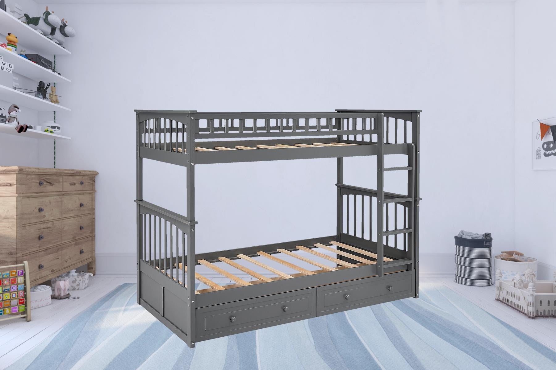 Twin over Twin Bunk Bed Drawers Convertible Beds Gray