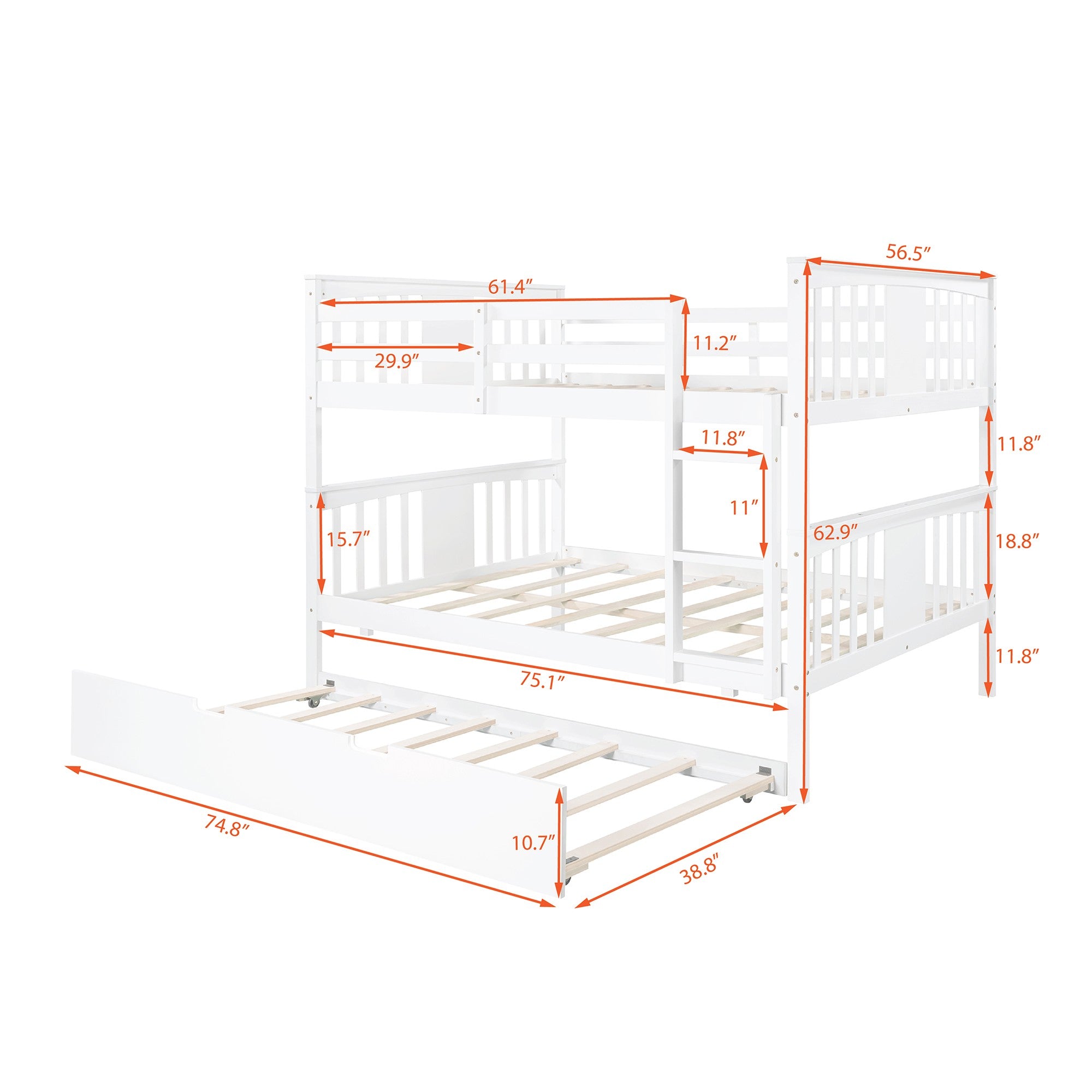 White Double Full Size Over Twin Trundle Bunk Bed