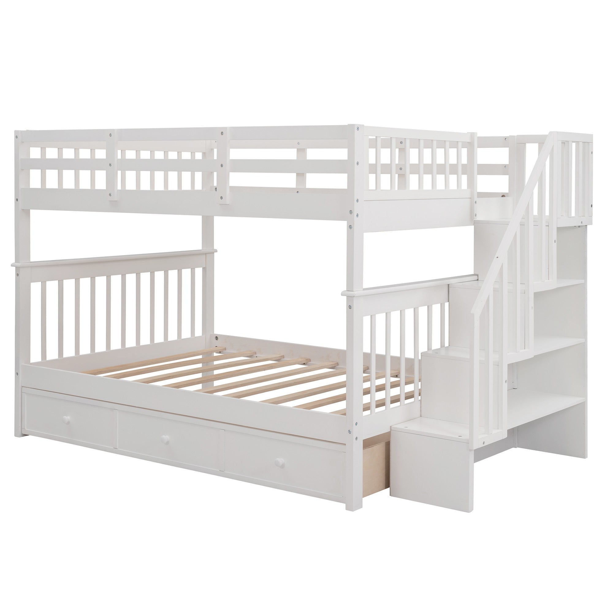 White Double Full Size Stairway Bunk Bed With Drawer