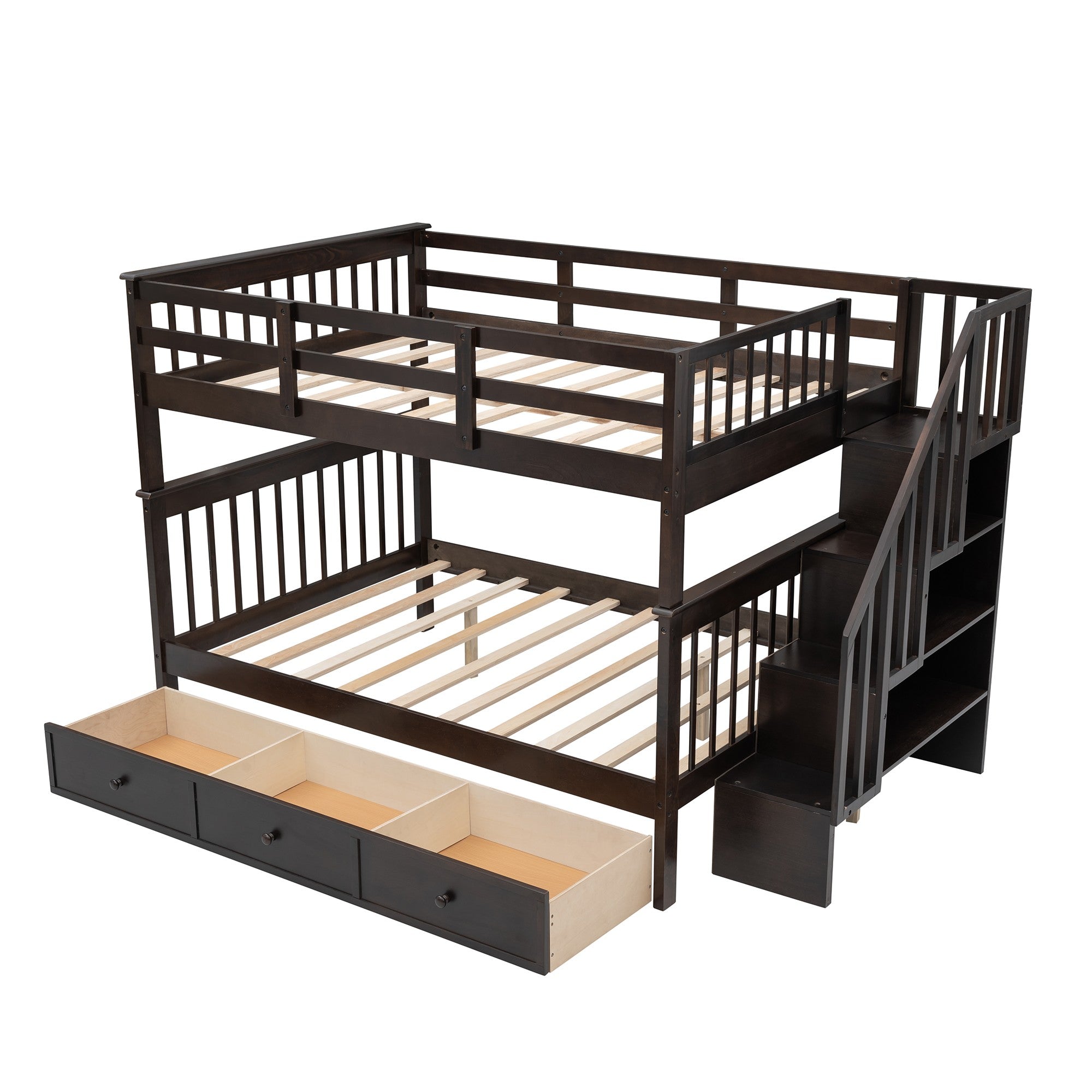 Brown Double Full Size Stairway Bunk Bed With Drawer