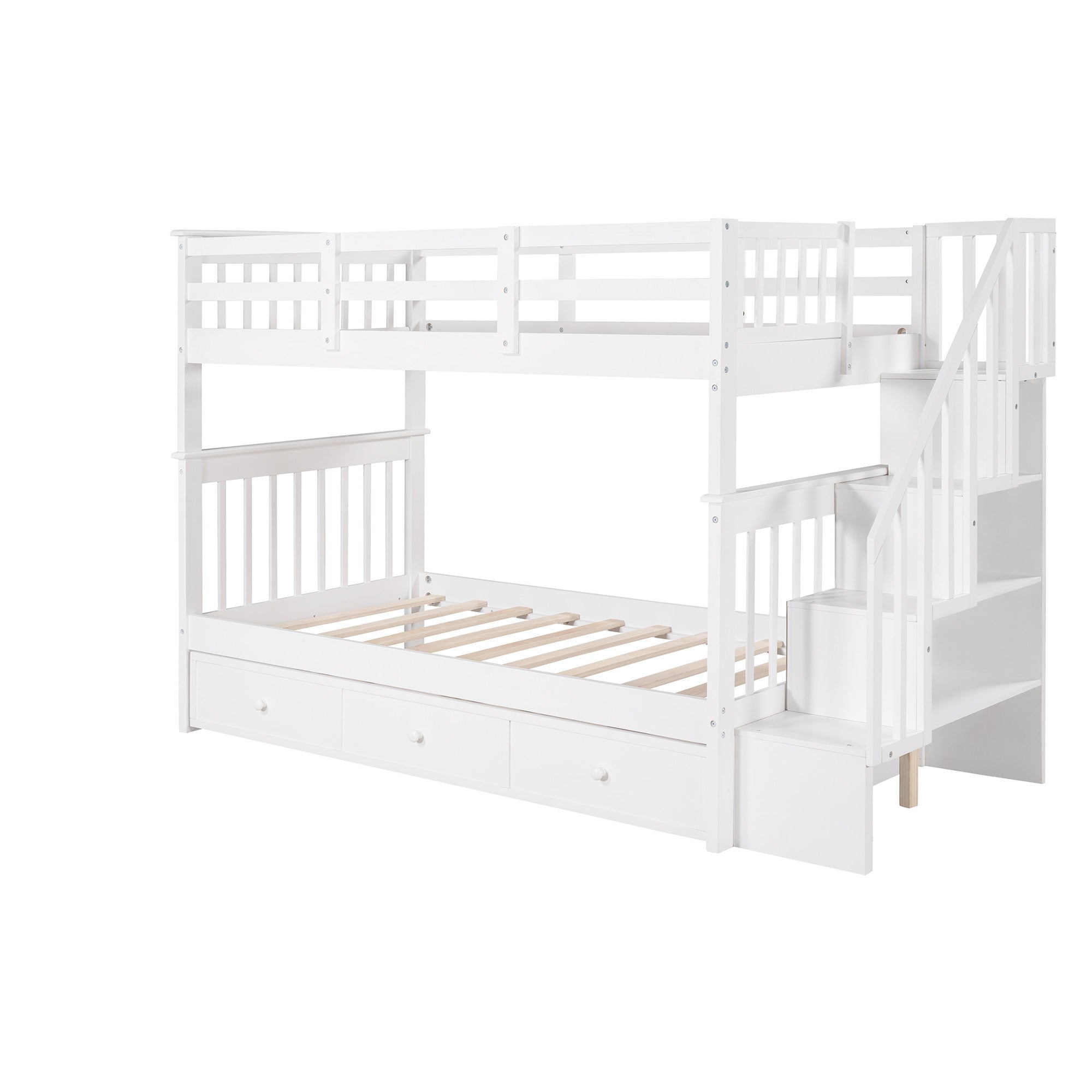 White Twin Over Twin Bunk Bed with Stairway and Drawers