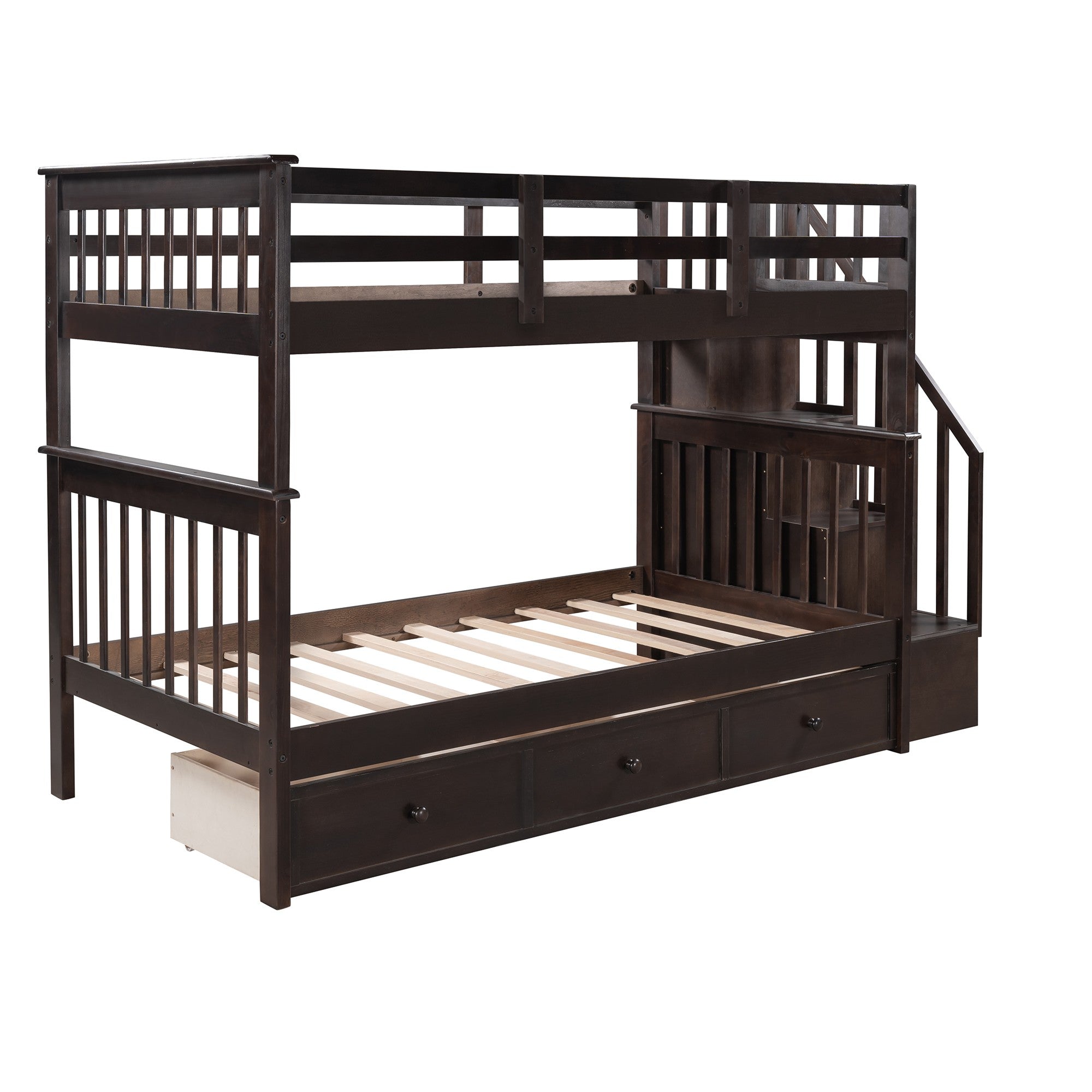 Espresso Twin Over Twin Bunk Bed with Stairway and Drawers