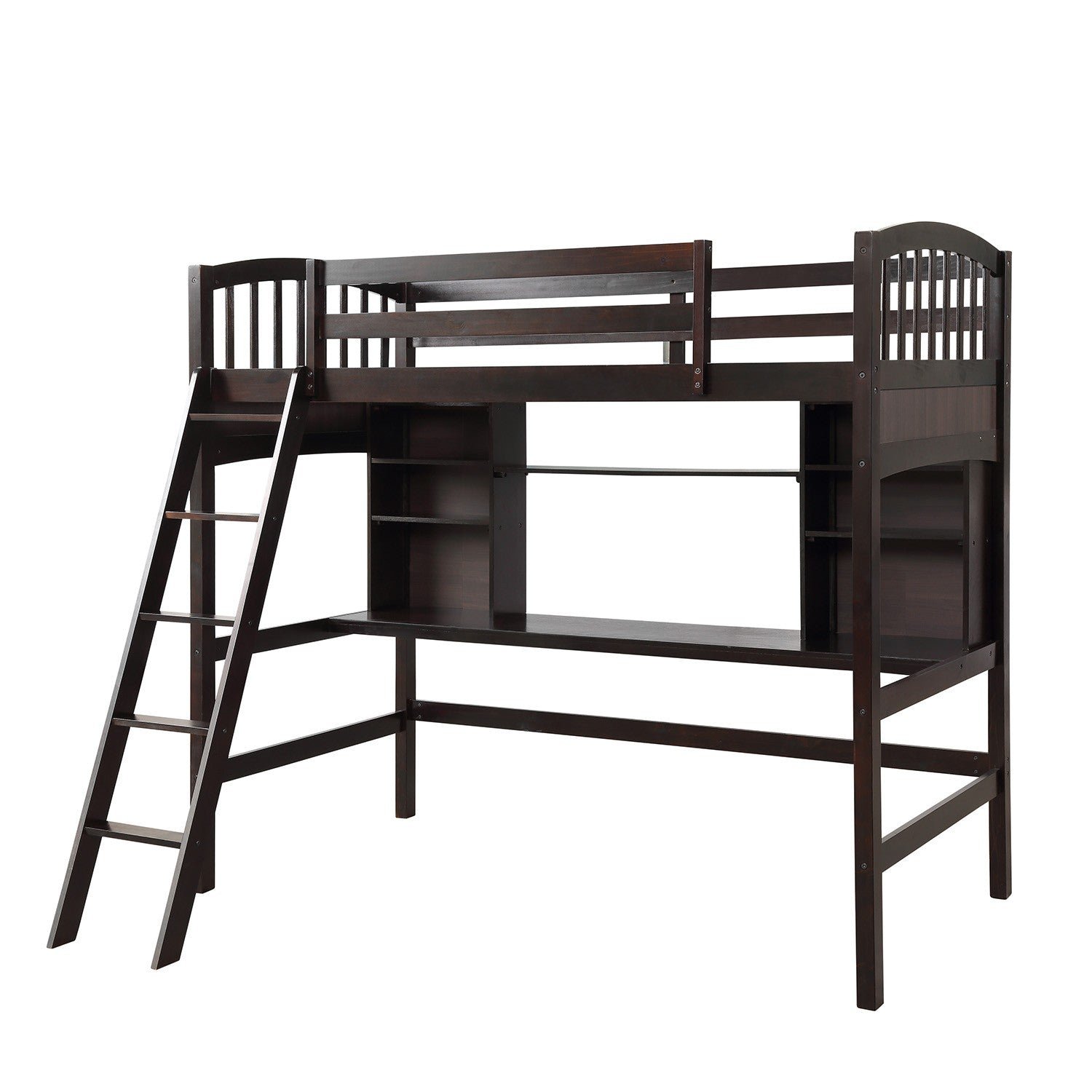 Brown Twin Size Loft Bed with Desk and Shelves