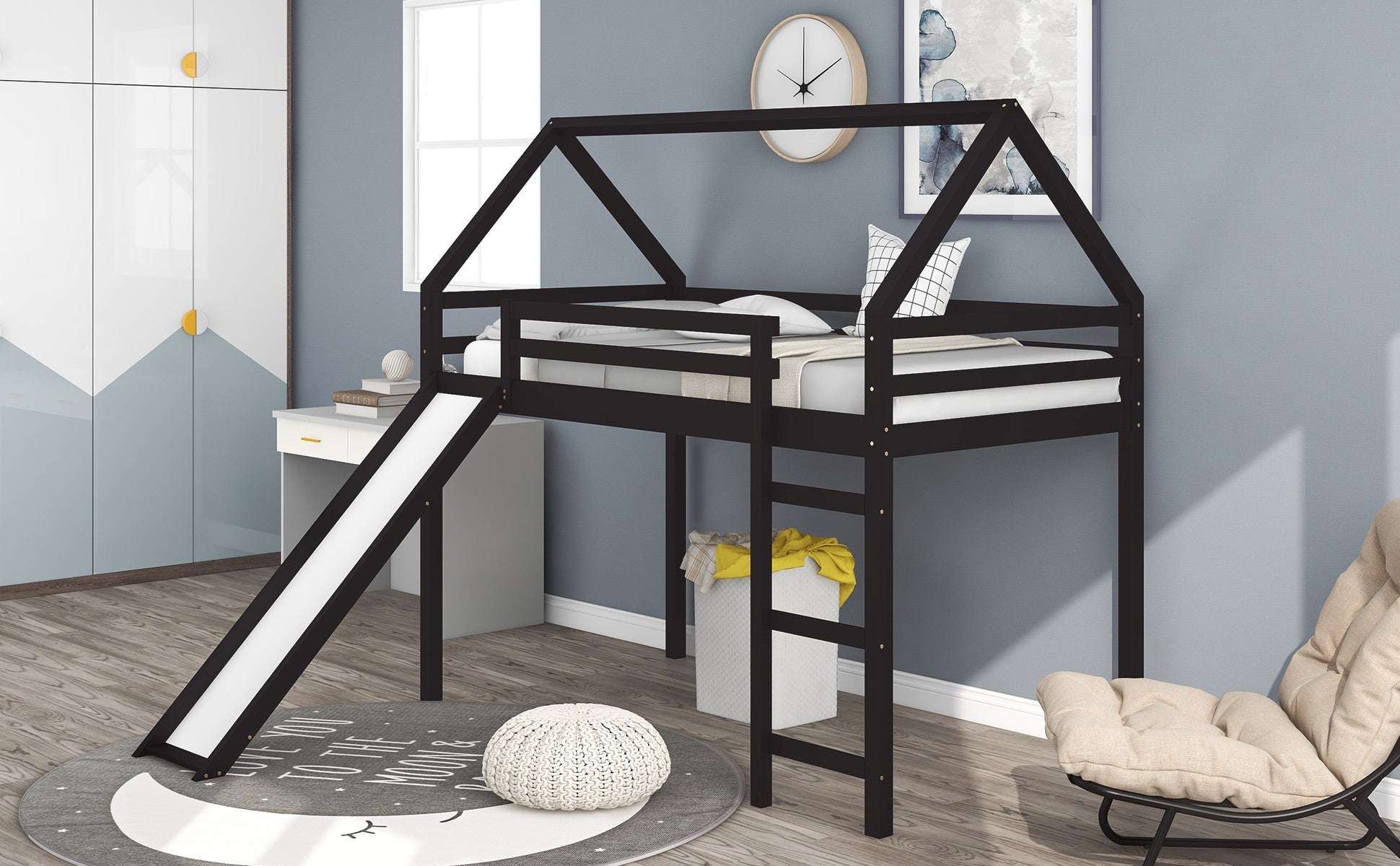 Brown Twin Size Slide House Loft Bed