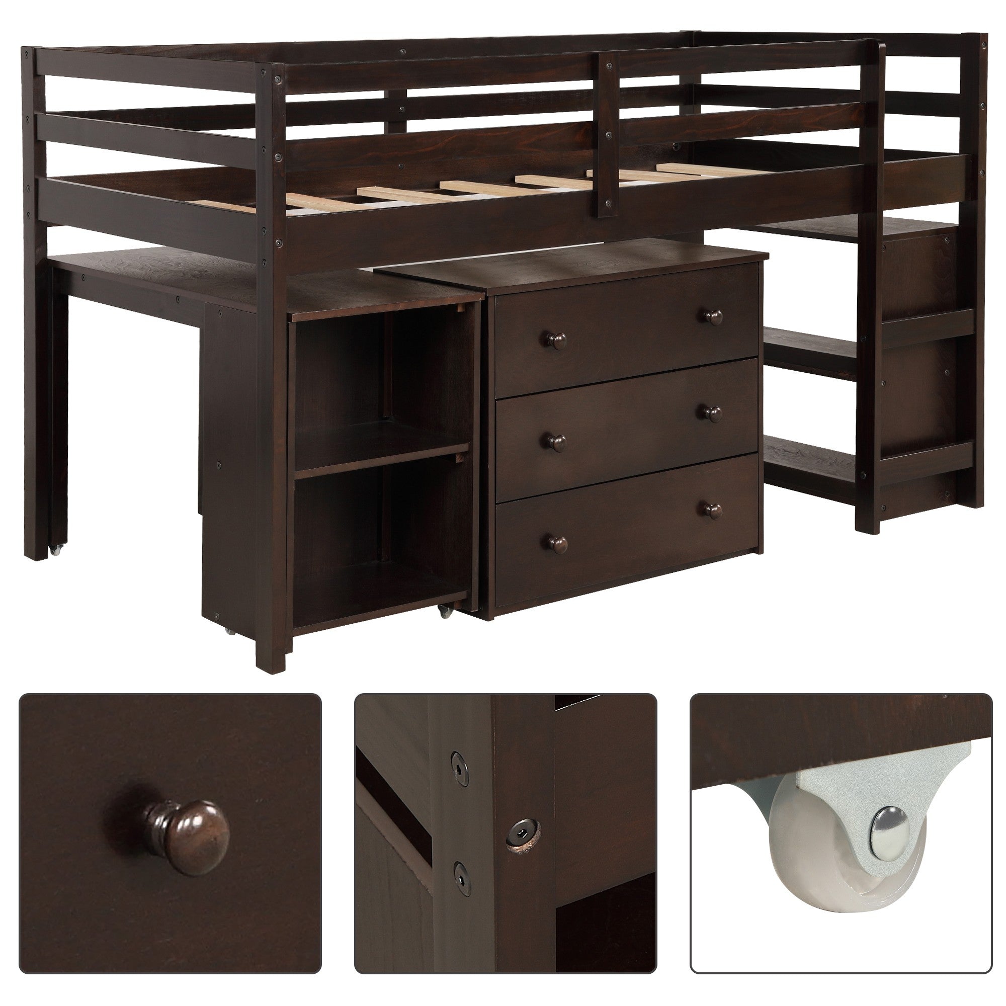 Brown Low Twin Loft Bed With Cabinet and Desk