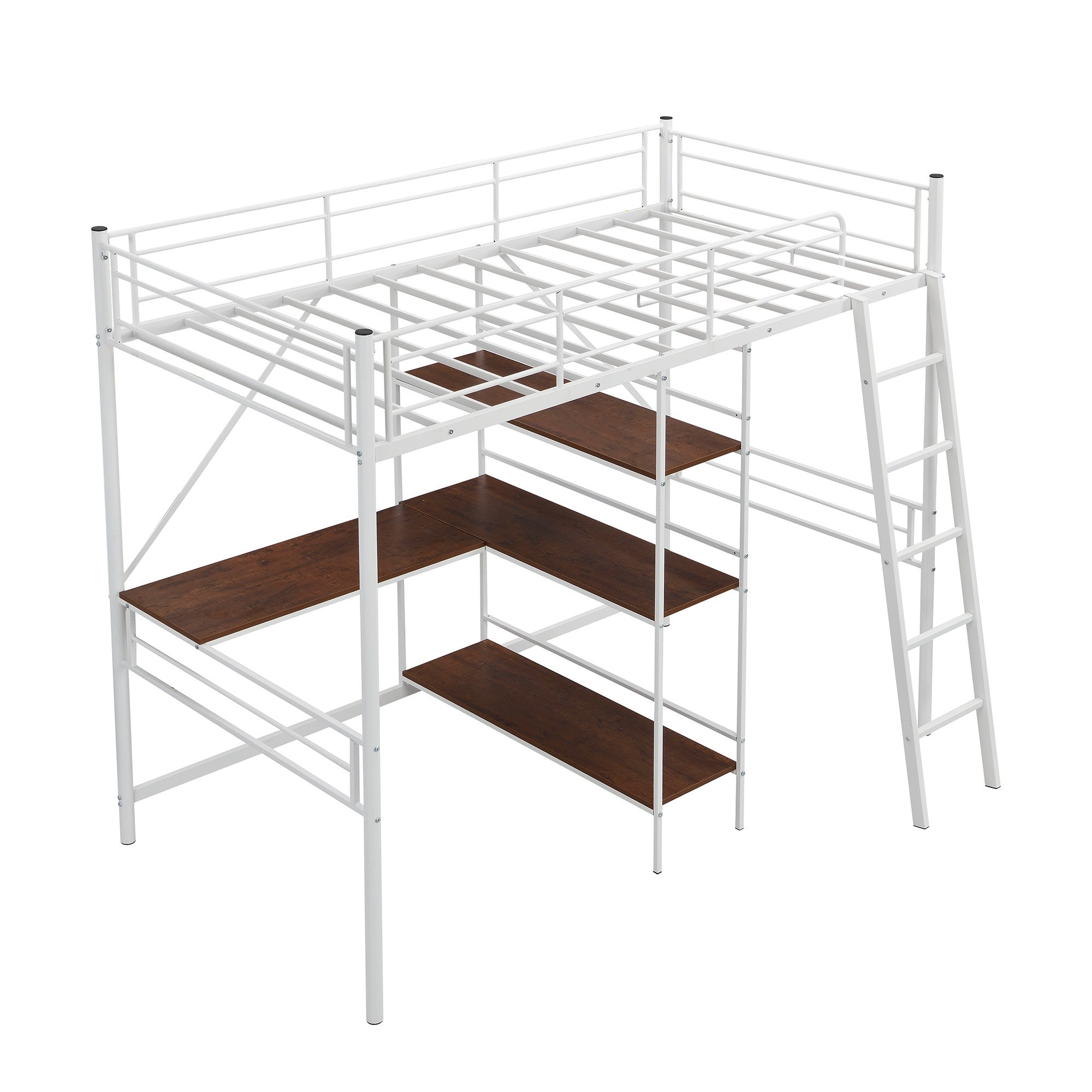 White Twin Size Metal Loft Bed With Desk and Shelves