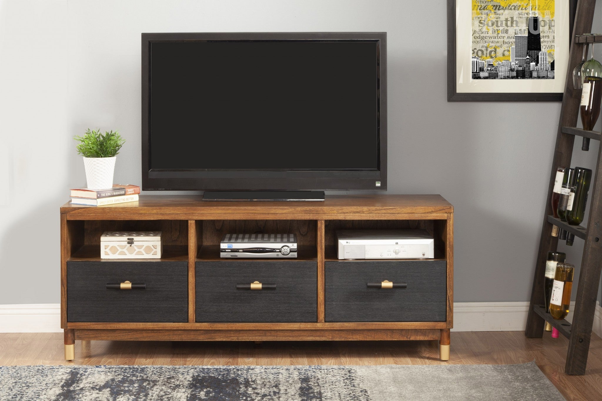 Walnut and Black Mid Century Modern TV Console