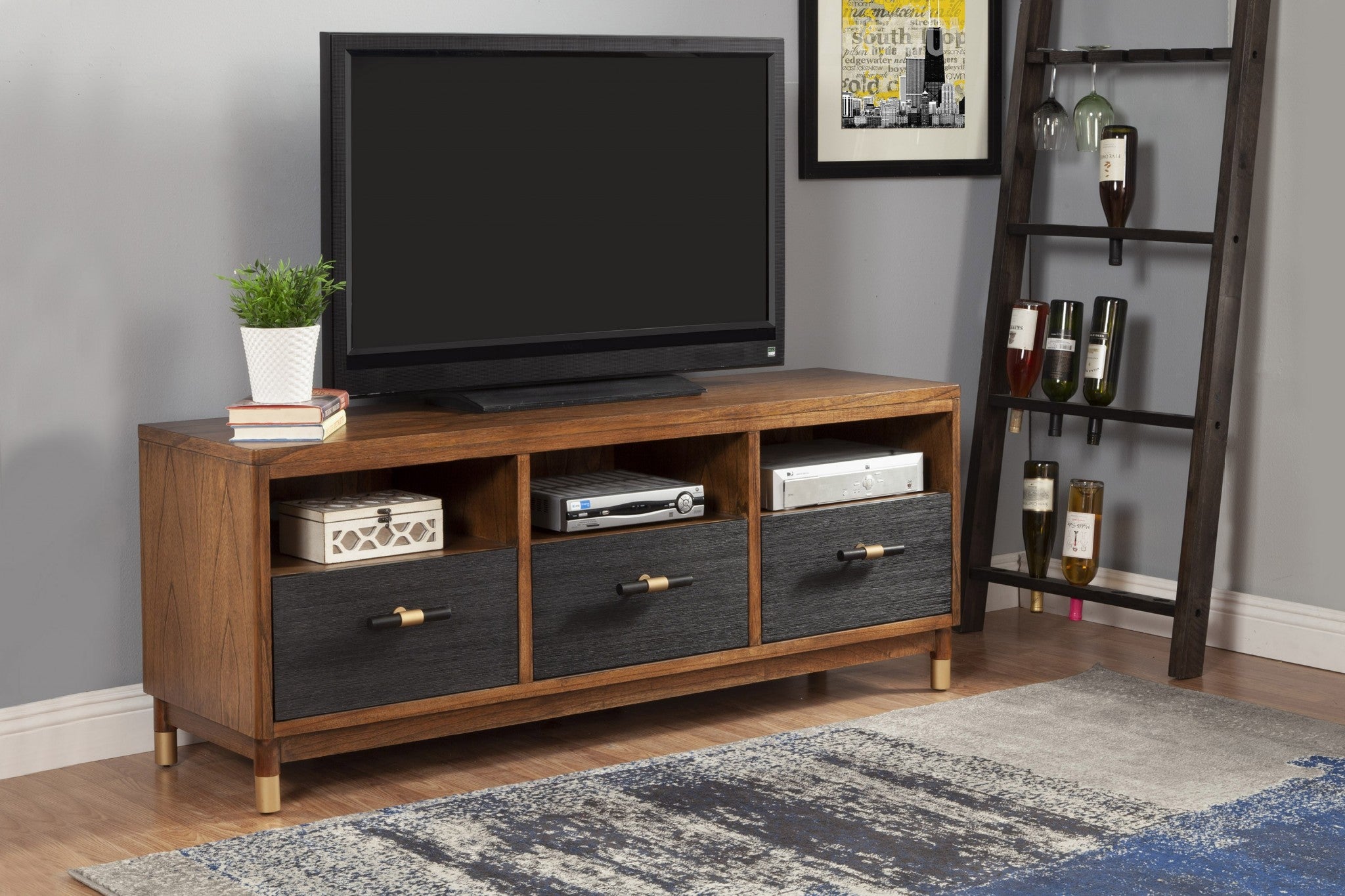 Walnut and Black Mid Century Modern TV Console