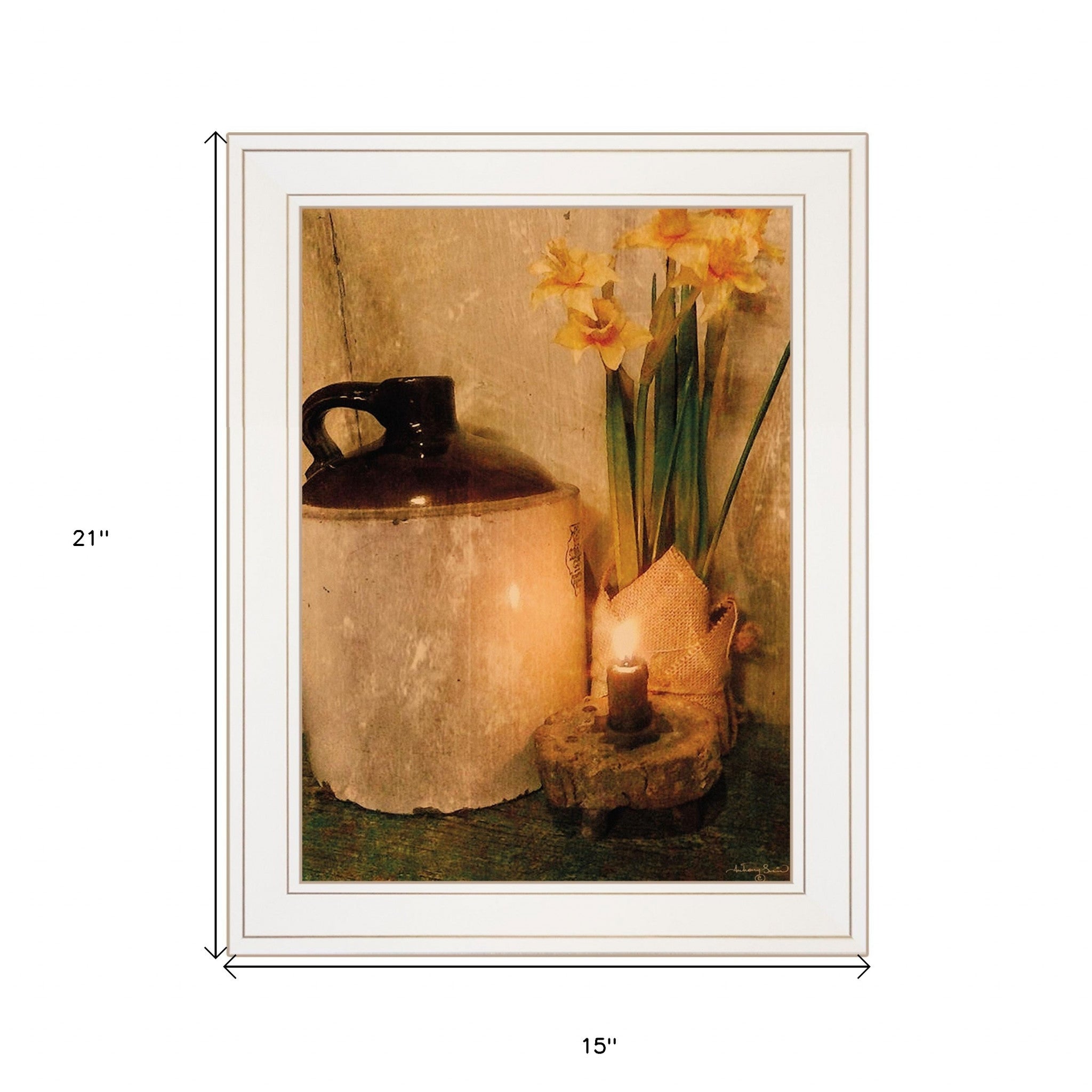 Rustic Daffodils by Candlelight White Framed Print Wall Art