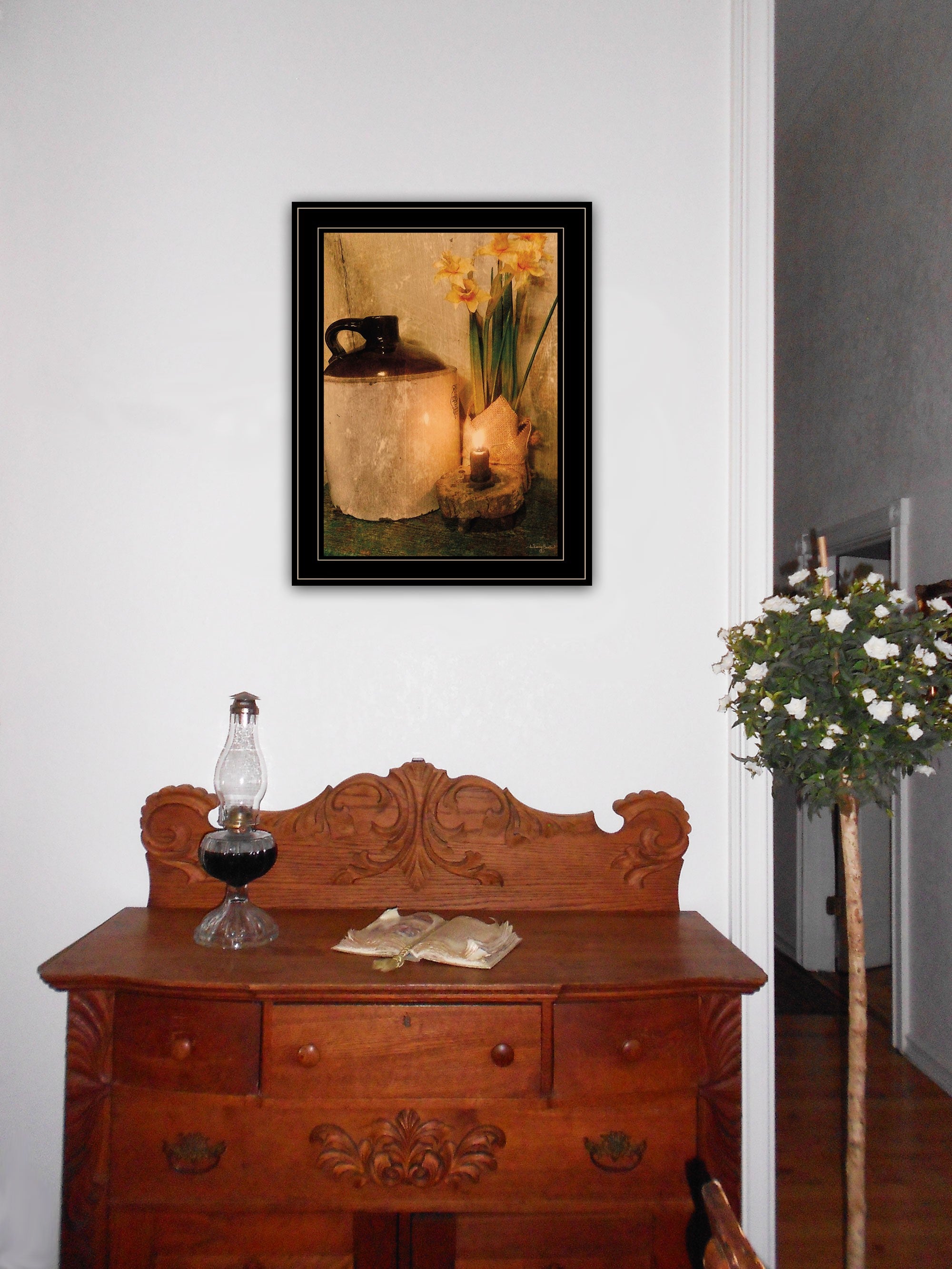 Rustic Daffodils by Candlelight Black Framed Print Wall Art