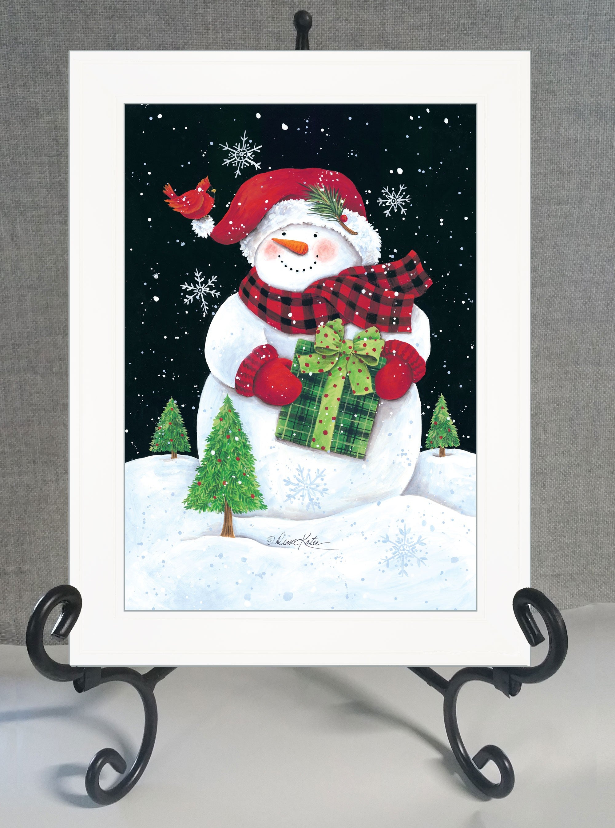 Plaid Stocking Hat Snowman White Framed Print Wall Art