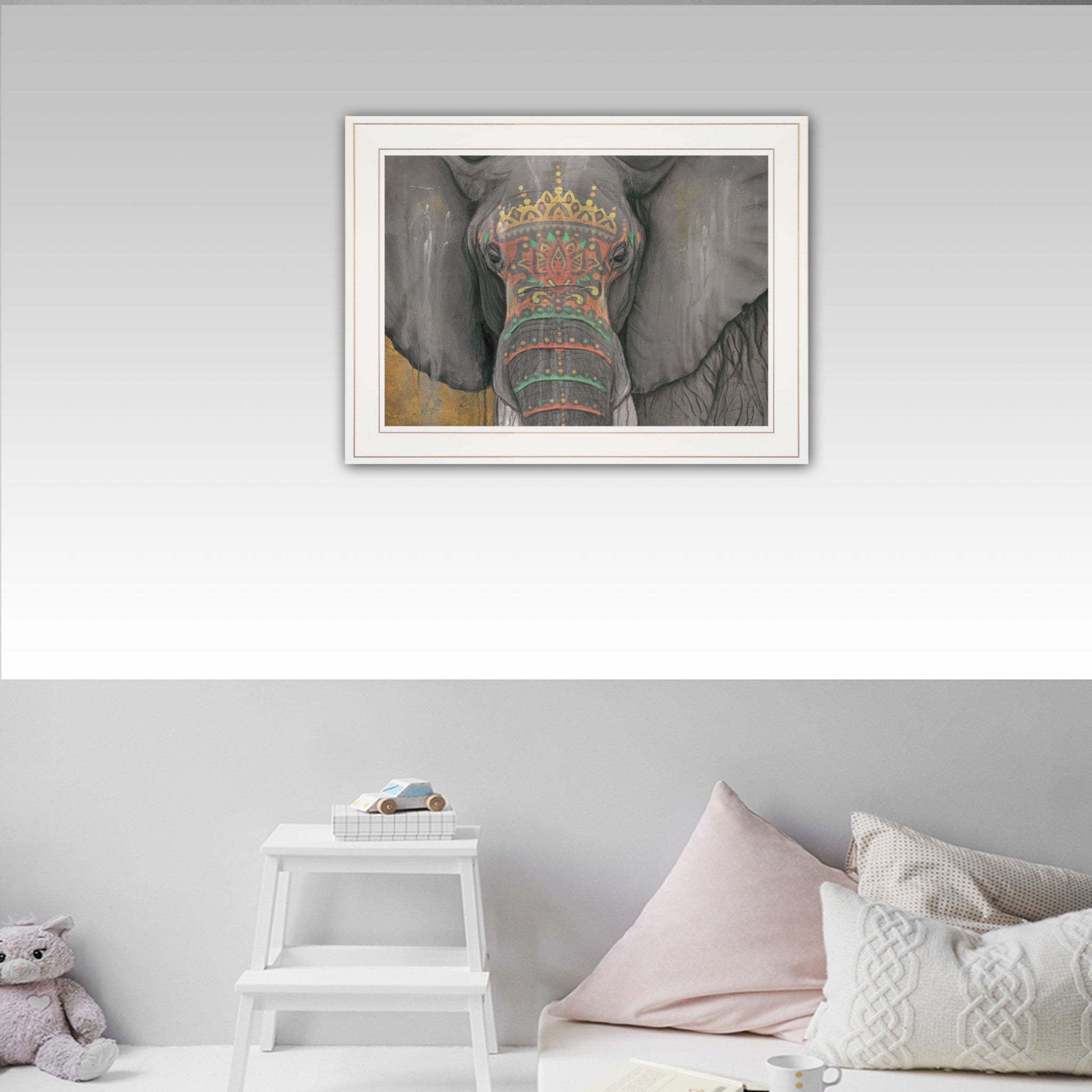 Tattooed Elephant  Trunk White Framed Print Wall Art