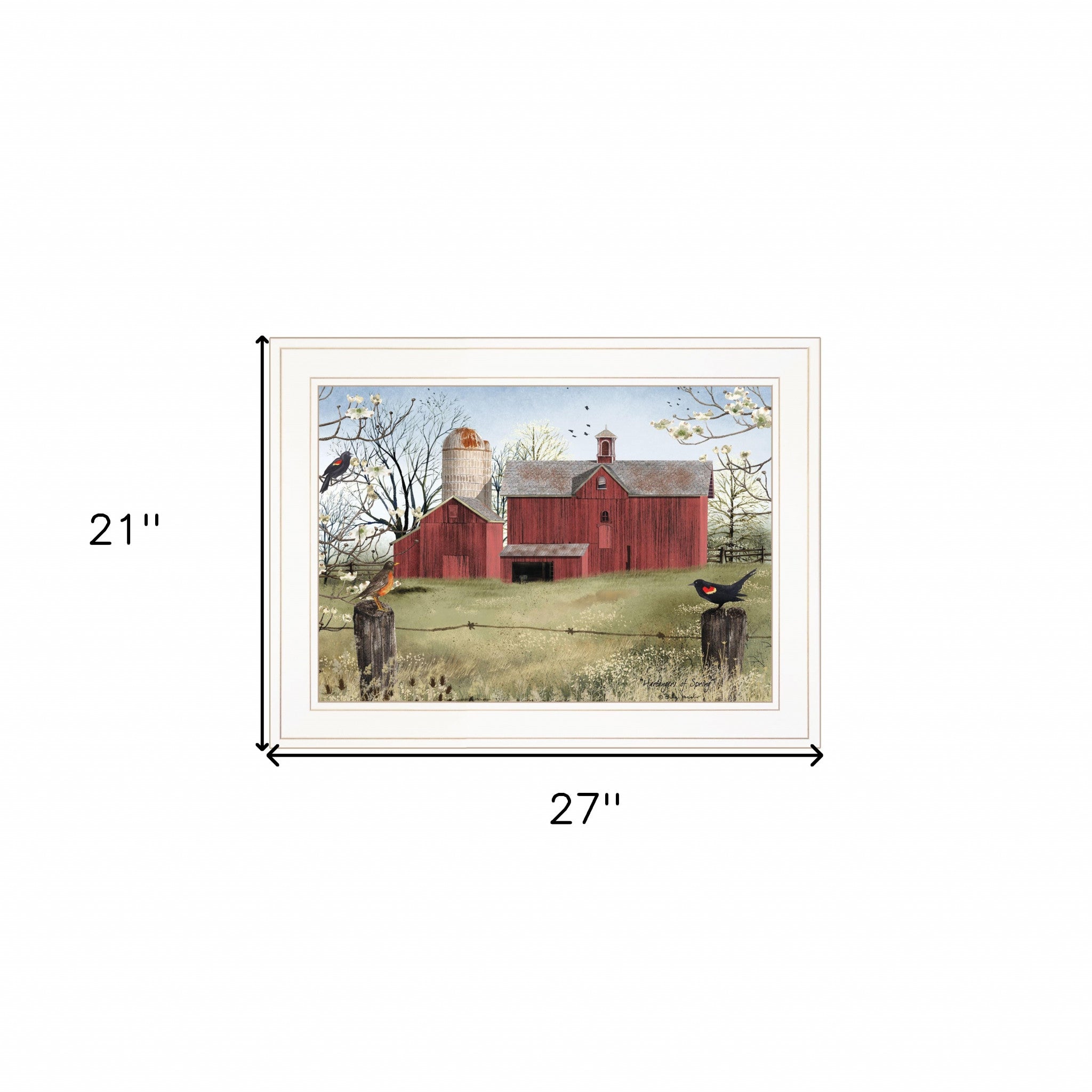 Rustic Red Barn and Birds White Framed Print Wall Art