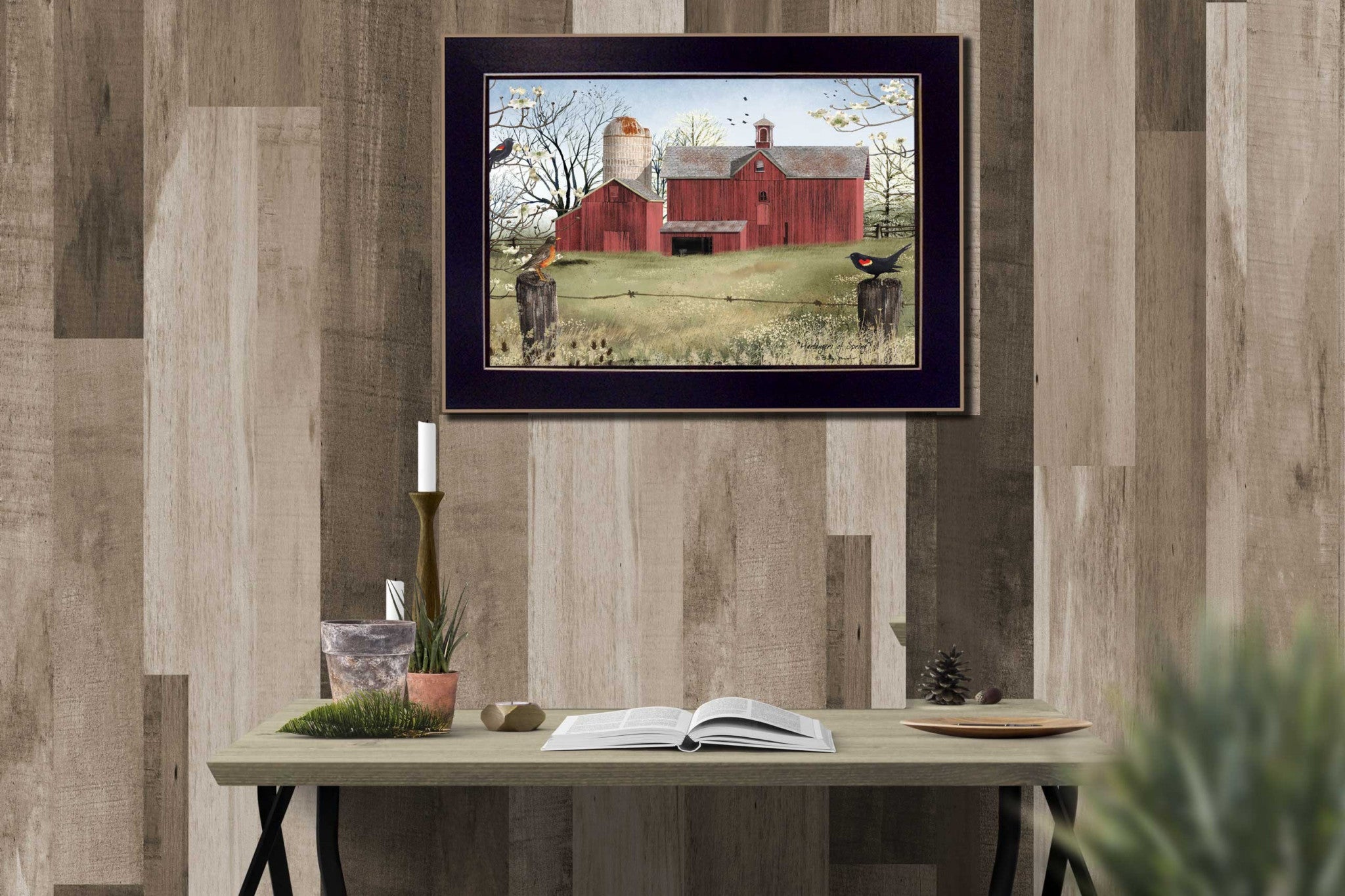 Rustic Red Barn and Birds Black Framed Print Wall Art