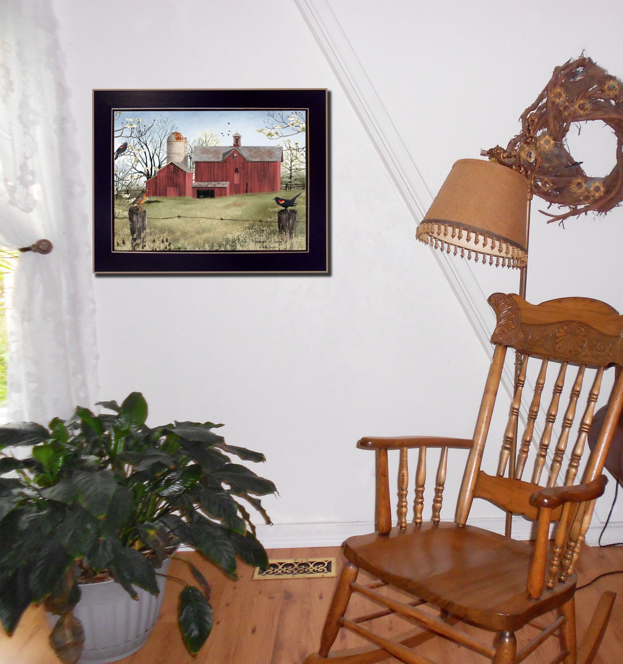 Rustic Red Barn and Birds Black Framed Print Wall Art