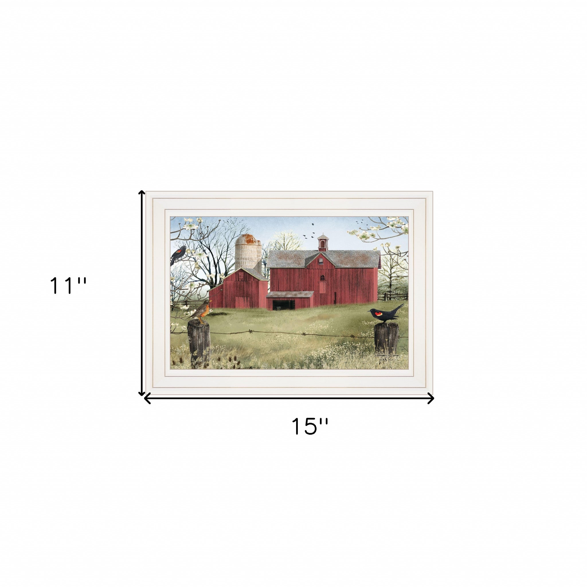 Rustic Red Barn and Birds White Framed Print Wall Art