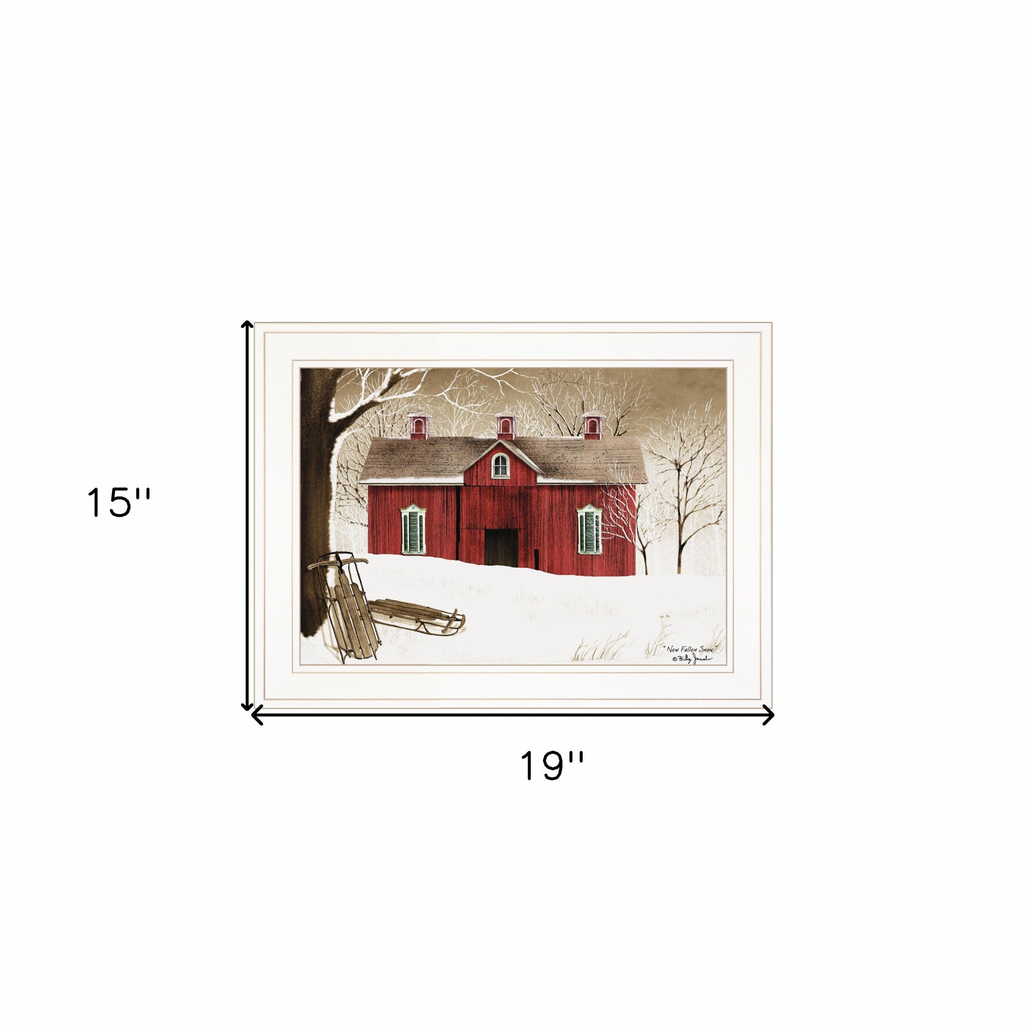 New Fallen Snow with Sleds and Red Barn White Framed Print Wall Art