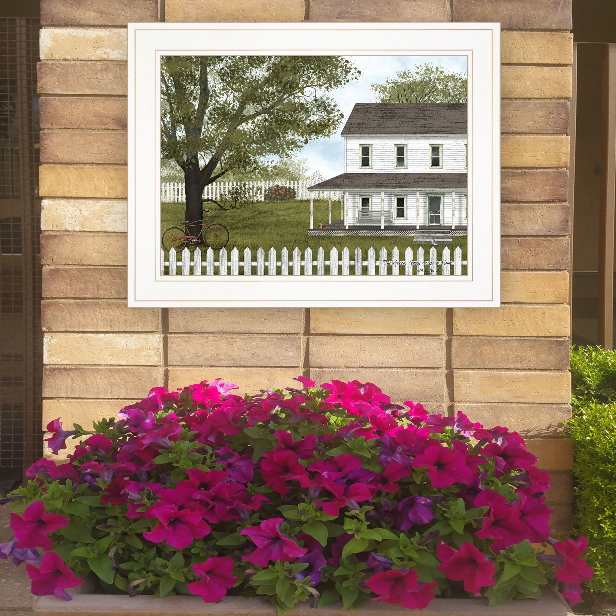 White Farmhouse with Picket Fence White Framed Print Wall Art