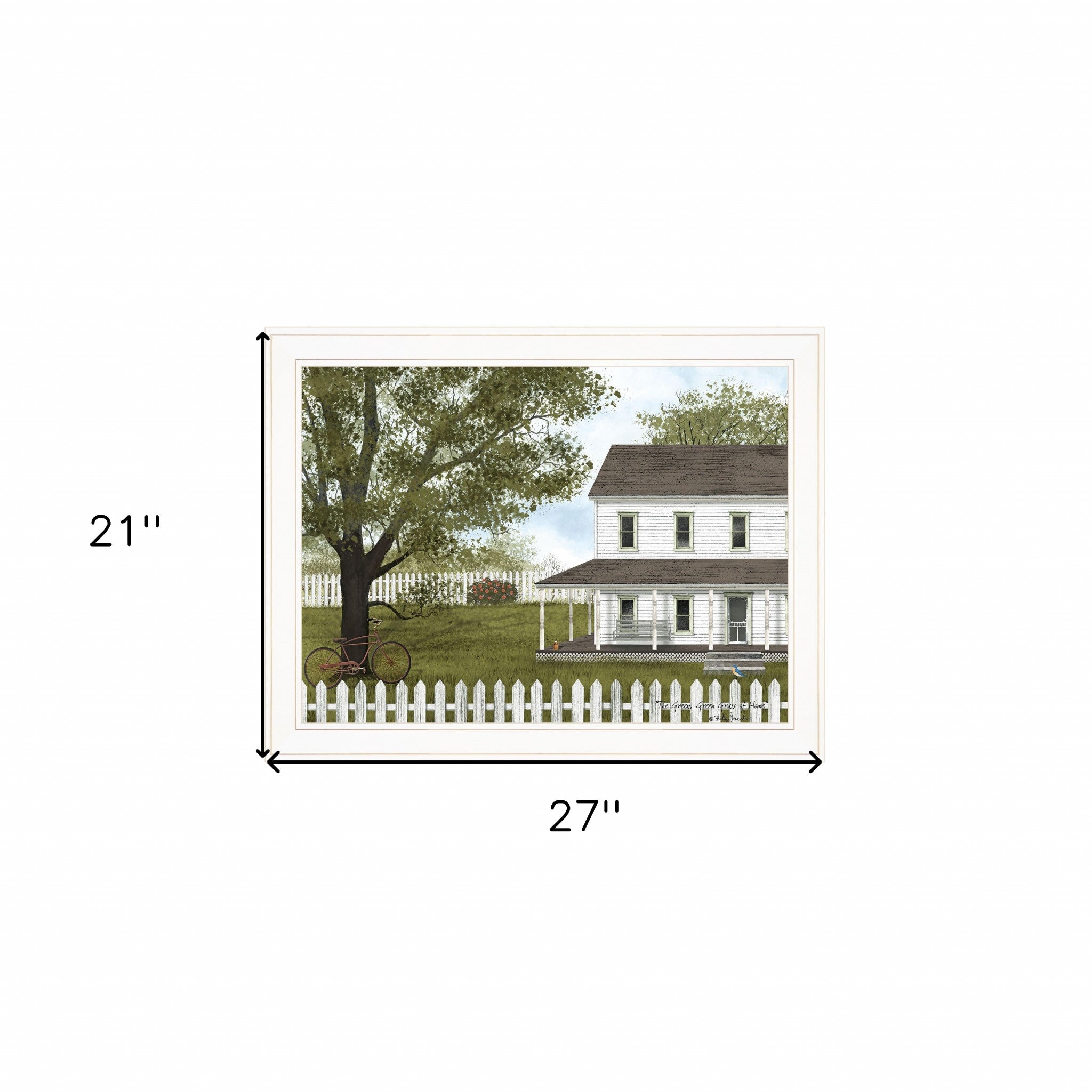 White Farmhouse with Picket Fence White Framed Print Wall Art