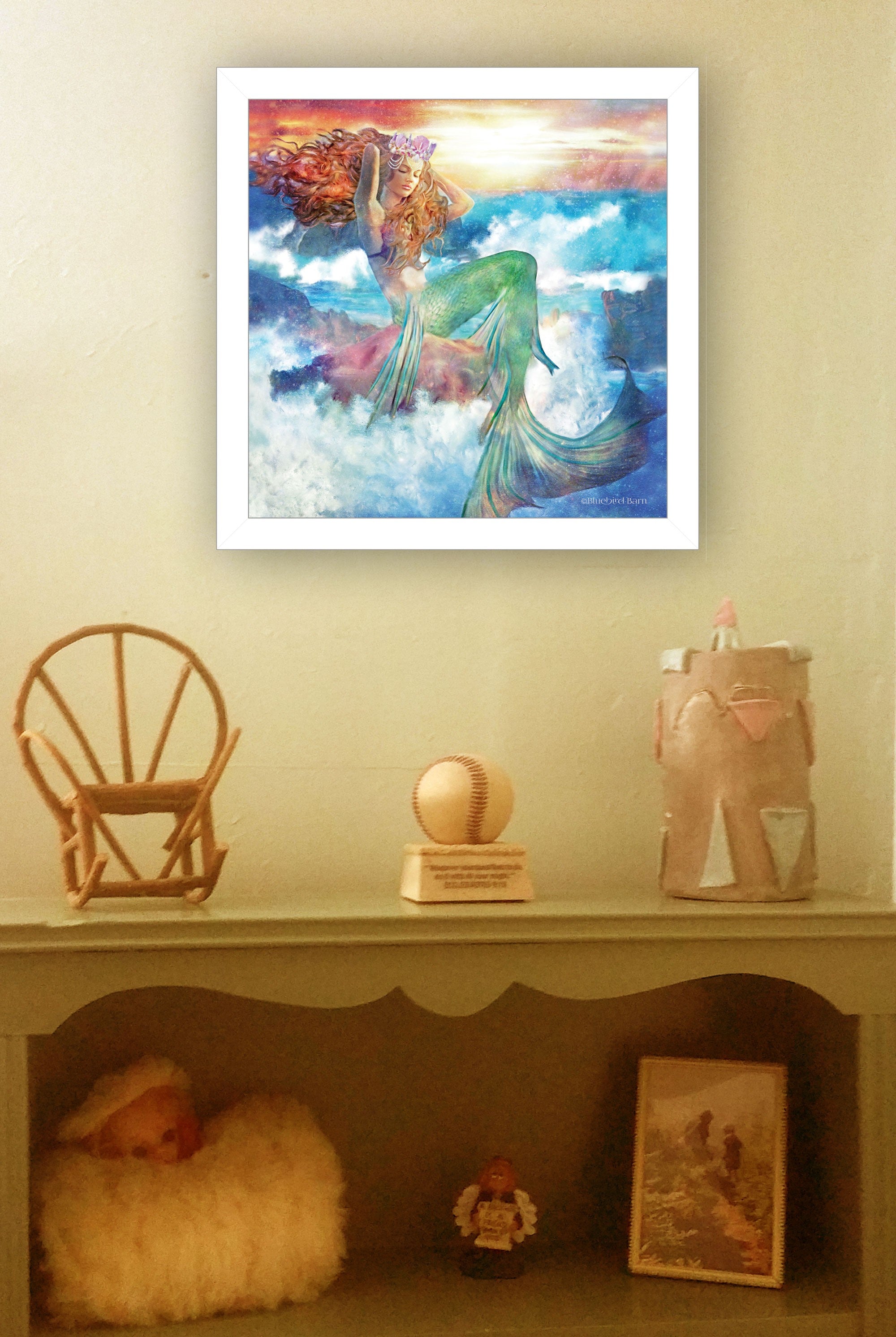 Sunset Mermaid 2 White Framed Print Wall Art