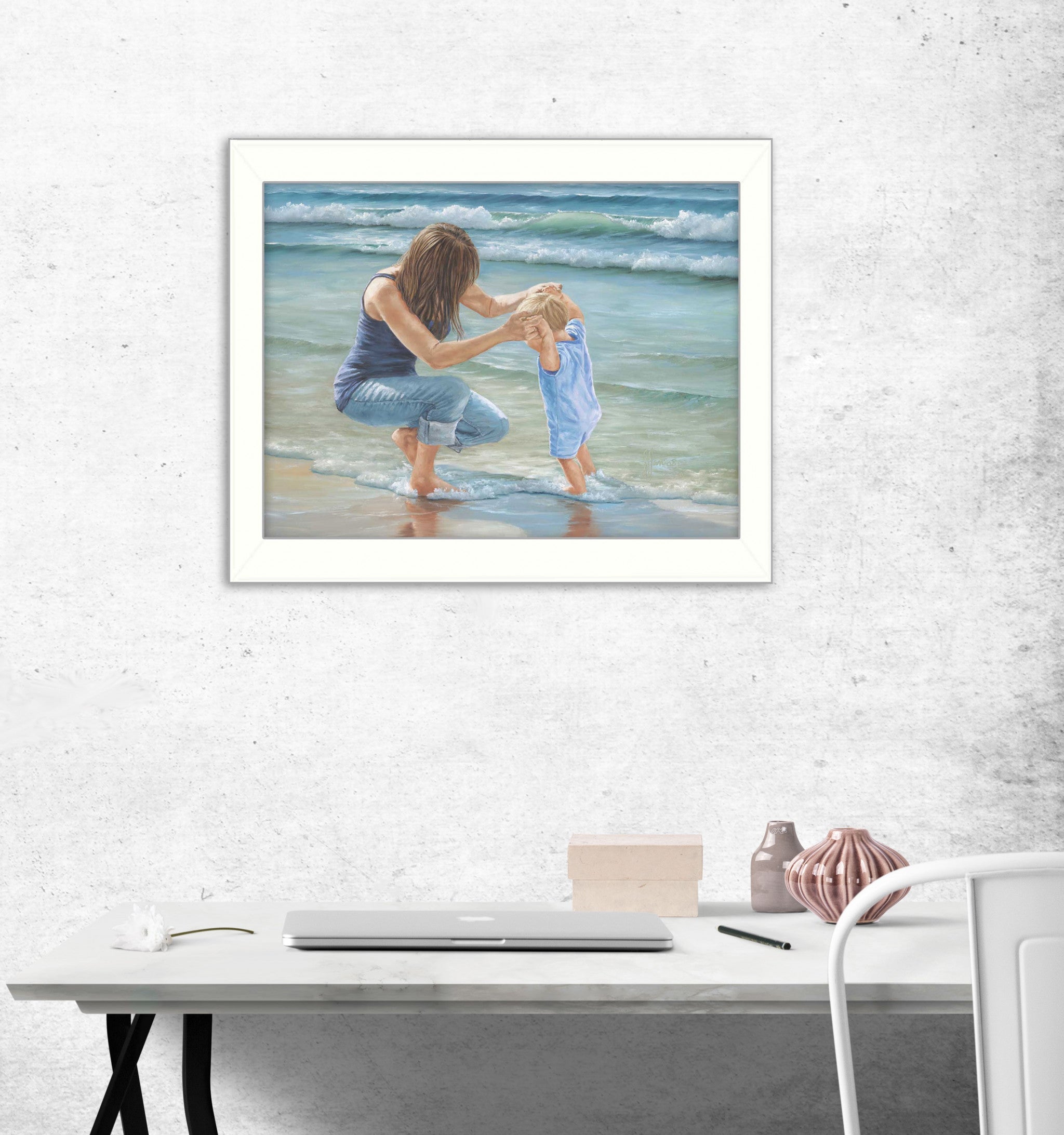 Playing In The Water White Framed Print Wall Art