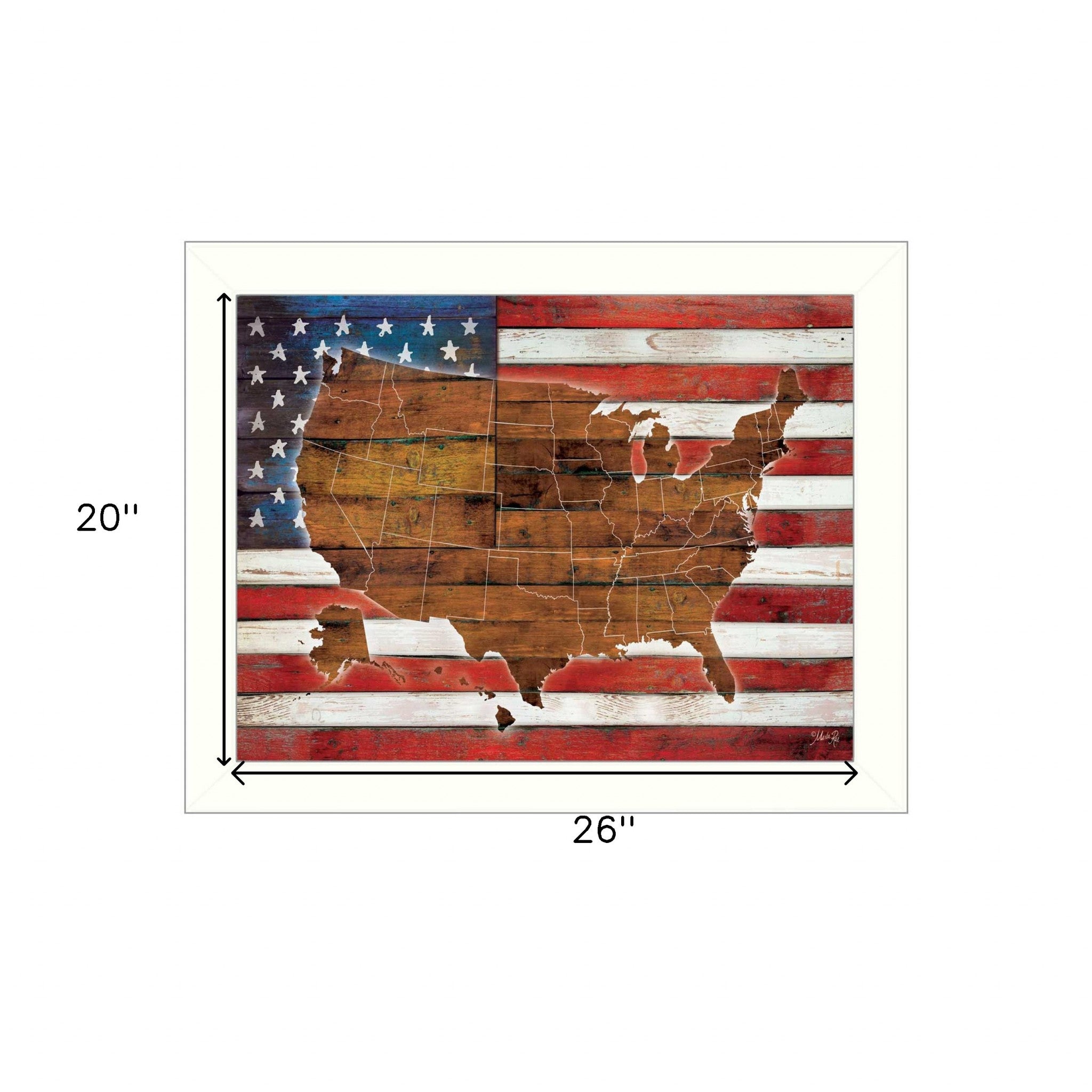 American Flag USA Map White Framed Print Wall Art