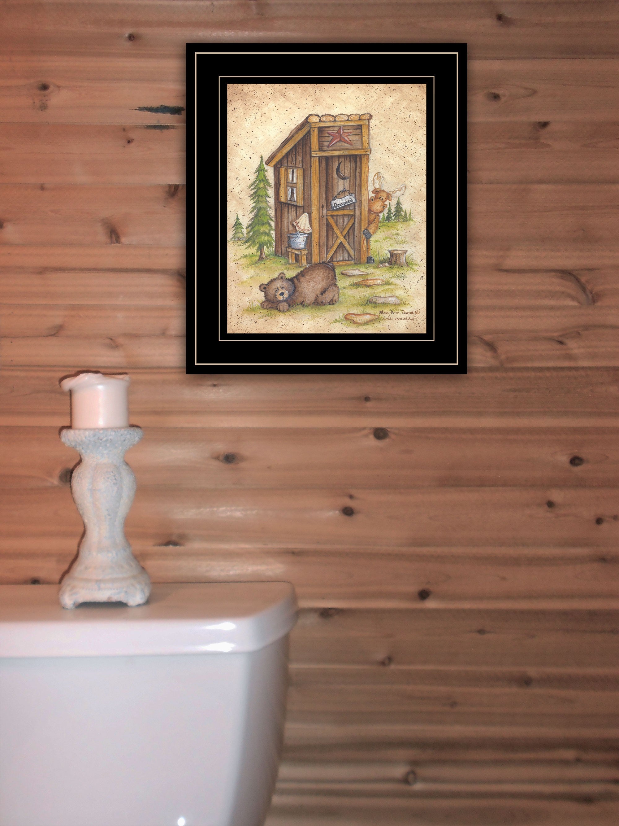 Still Waiting Bear and Moose Black Framed Print Bathroom Wall Art