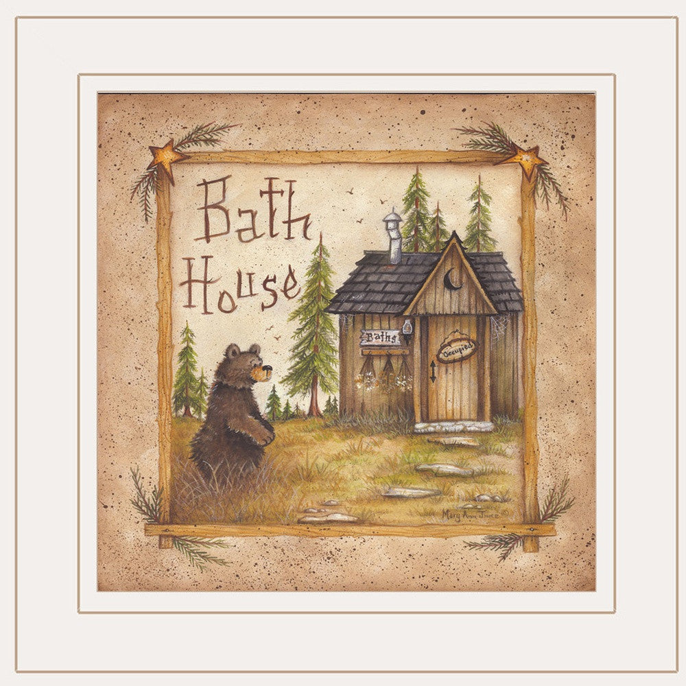 Bath House and Bear White Framed Print Bathroom Wall Art