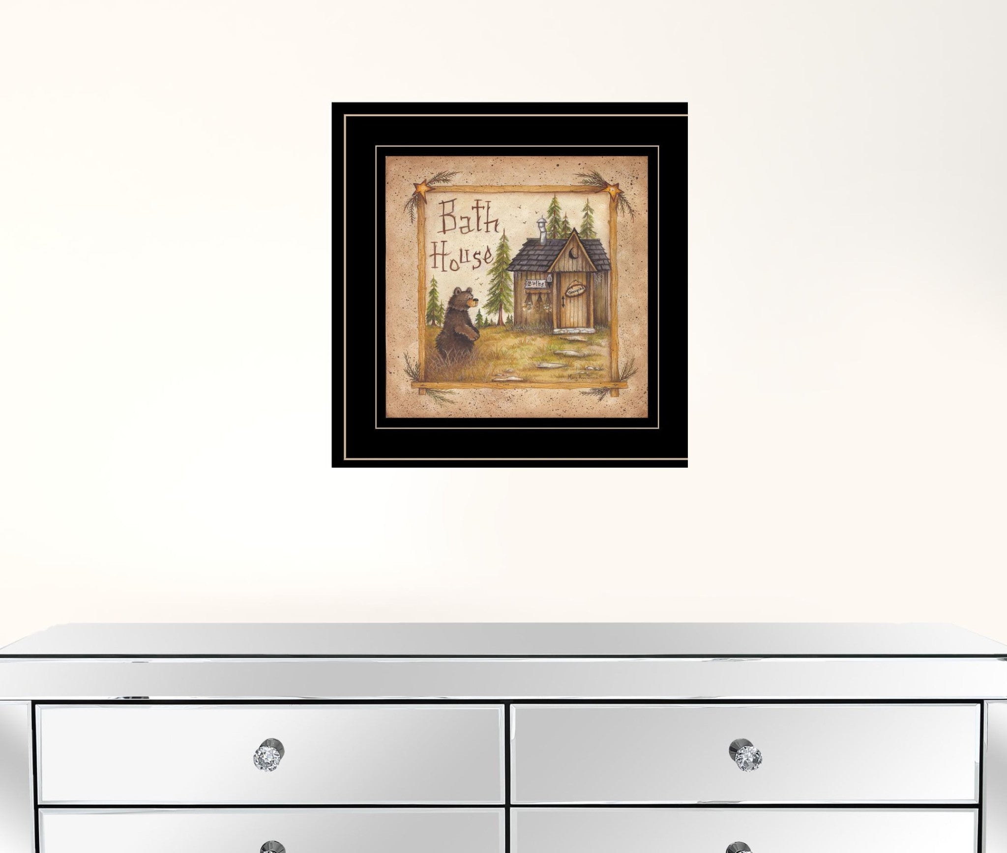 Bath House and Bear Black Framed Print Bathroom Wall Art