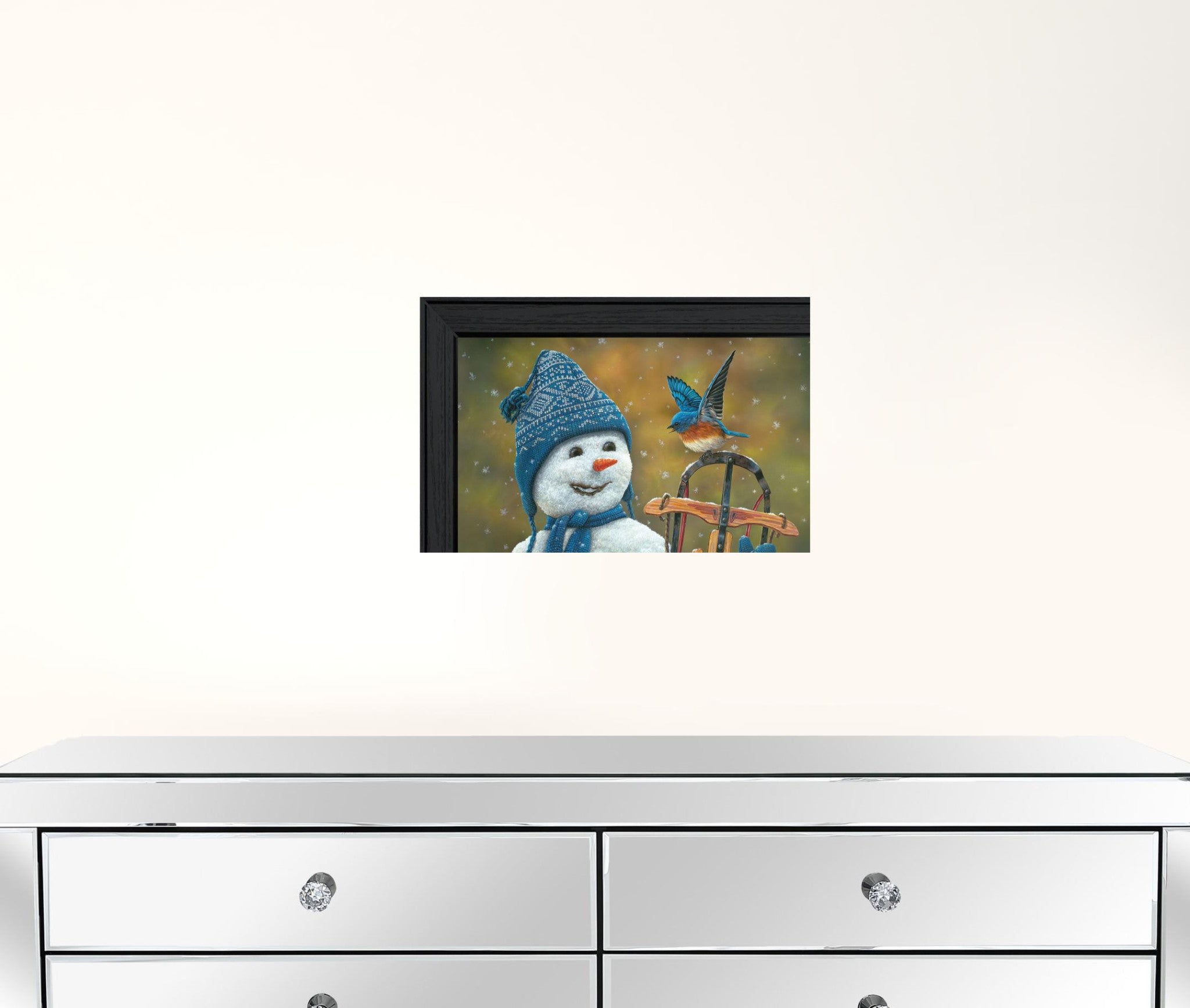 Bluebird Snowman Black Framed Print Wall Art