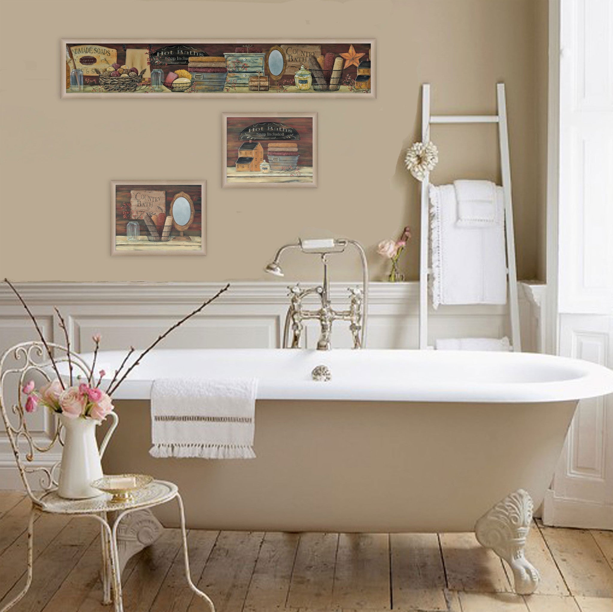 Set Of Three Country Bath Brown Framed Print Bathroom Wall Art