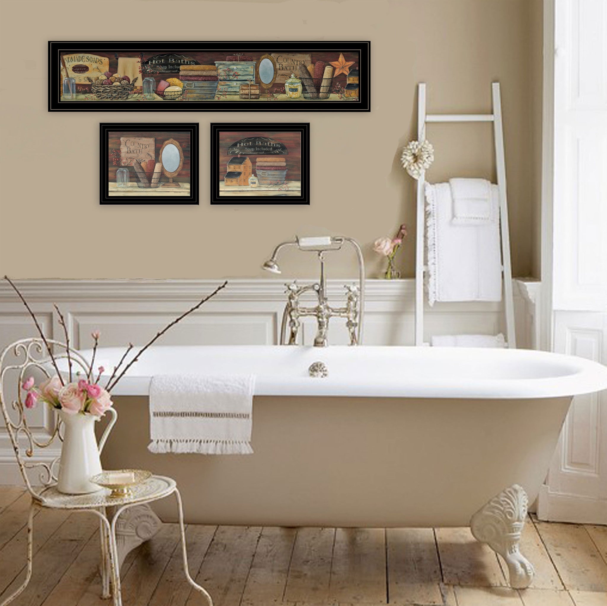 Set Of Three Country Bath Black Framed Print Bathroom Wall Art