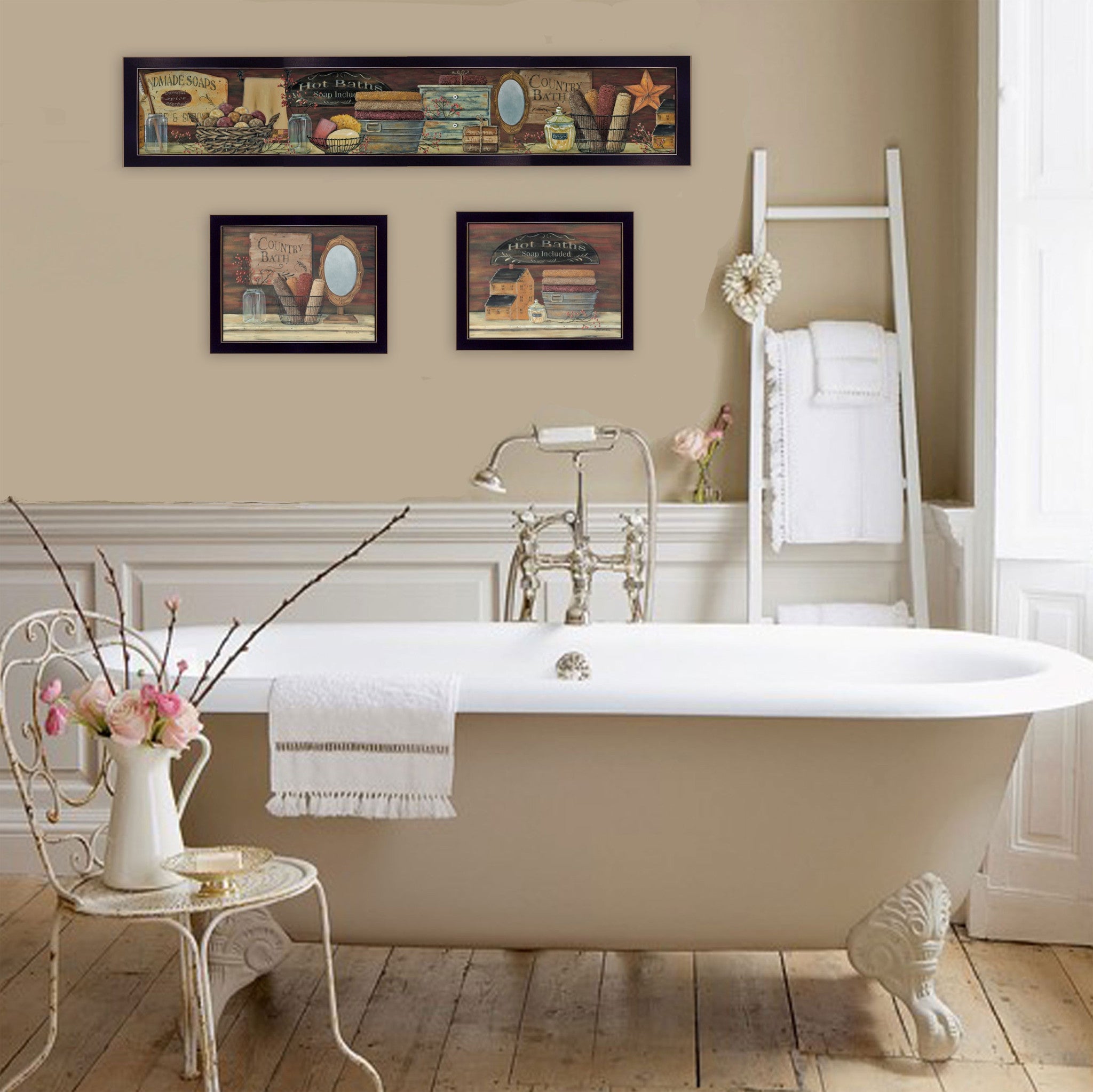 Set Of Three Country Bath 6 Black Framed Print Bathroom Wall Art