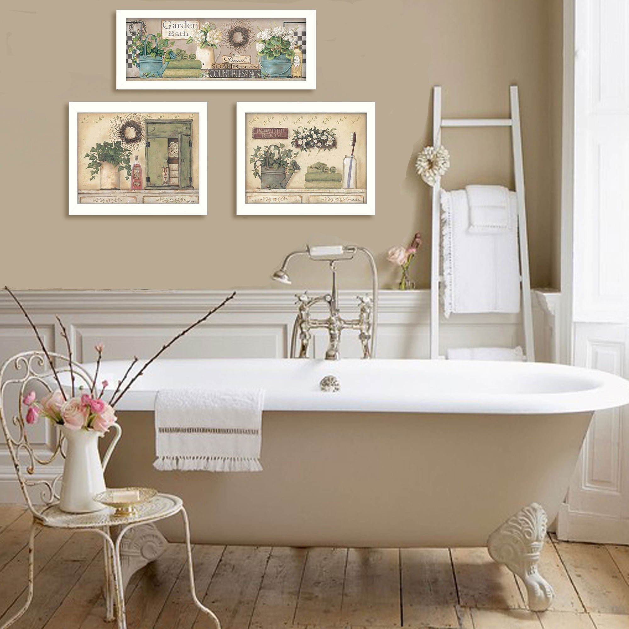 Set Of Three Garden Bath 1 White Framed Print Bathroom Wall Art