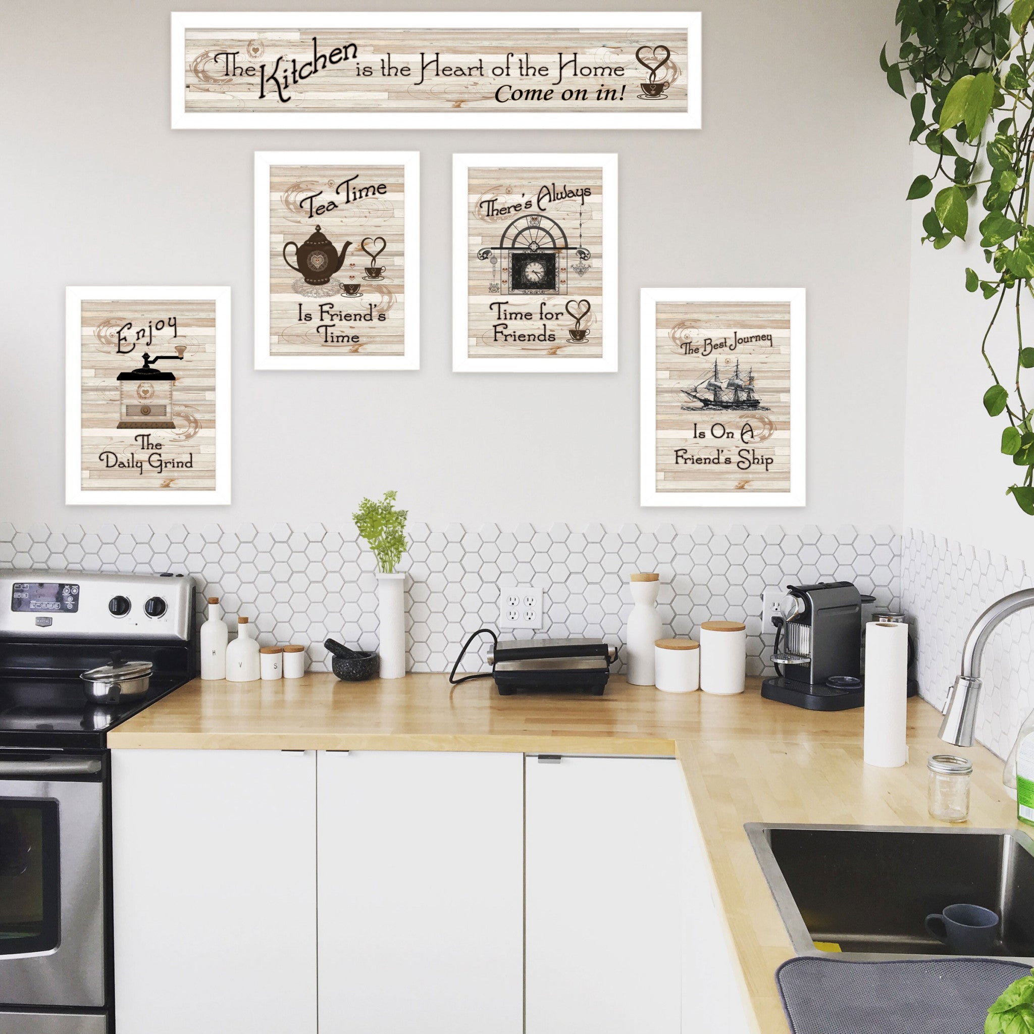 Set Of Five Kitchen Friendship Collection II 5-Piece 4 White Framed Print Wall Art