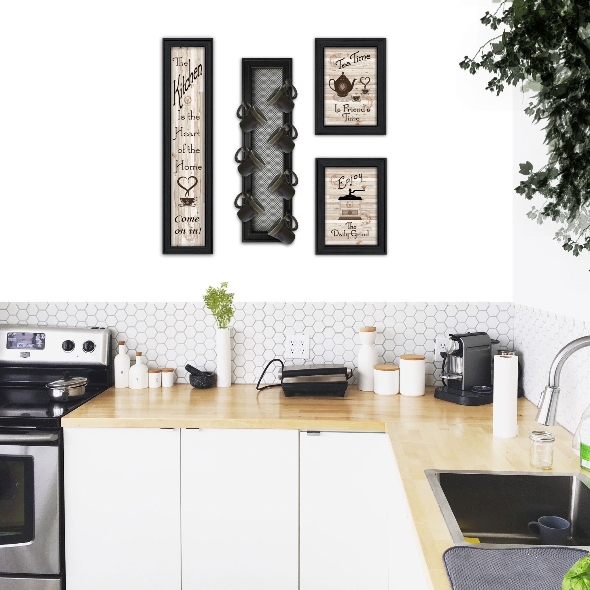 Set Of Four Come On In Black Framed Kitchen Wall Prints with Mug Rack