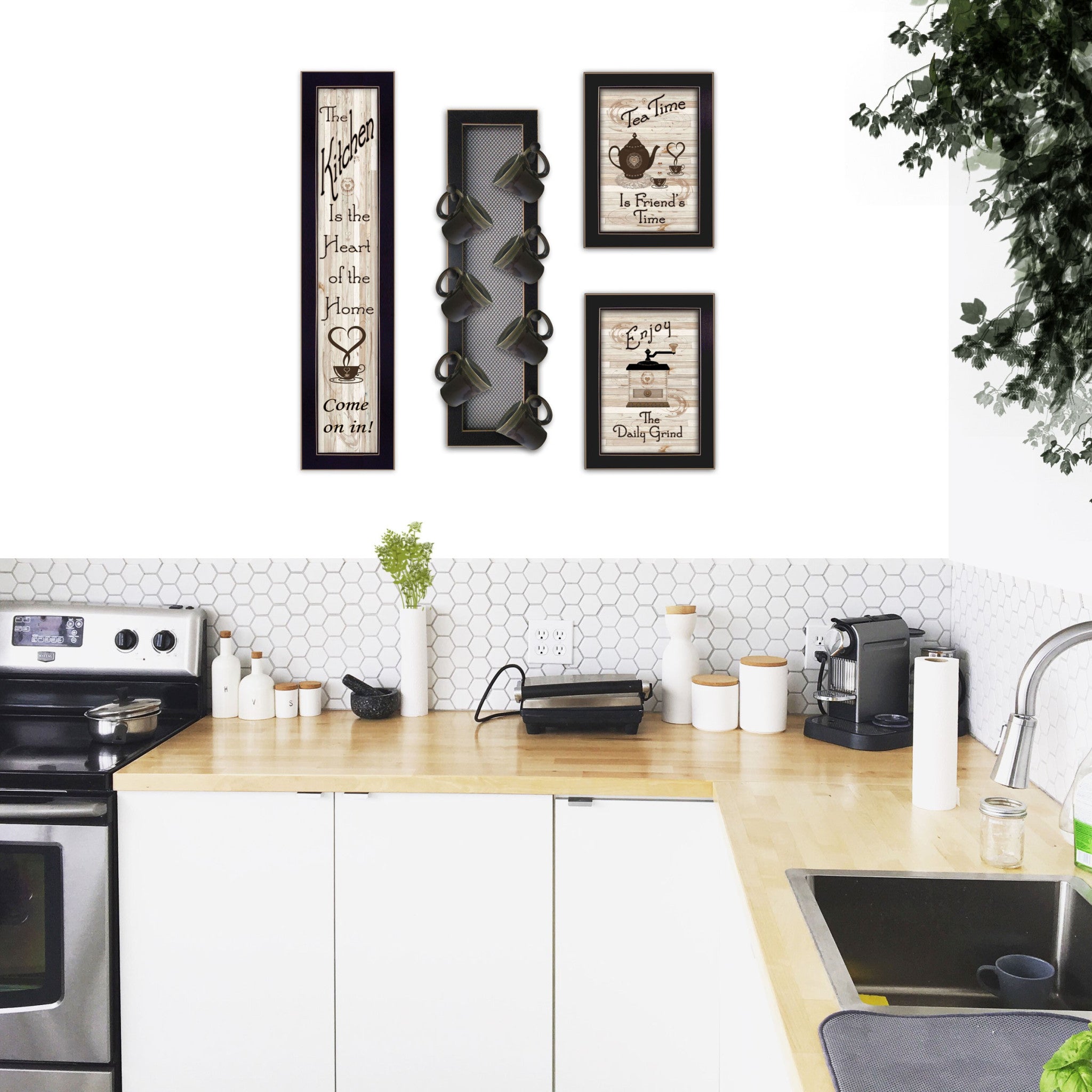 Set Of Four Come On In 2 Black Framed Kitchen Wall Prints with Mug Rack