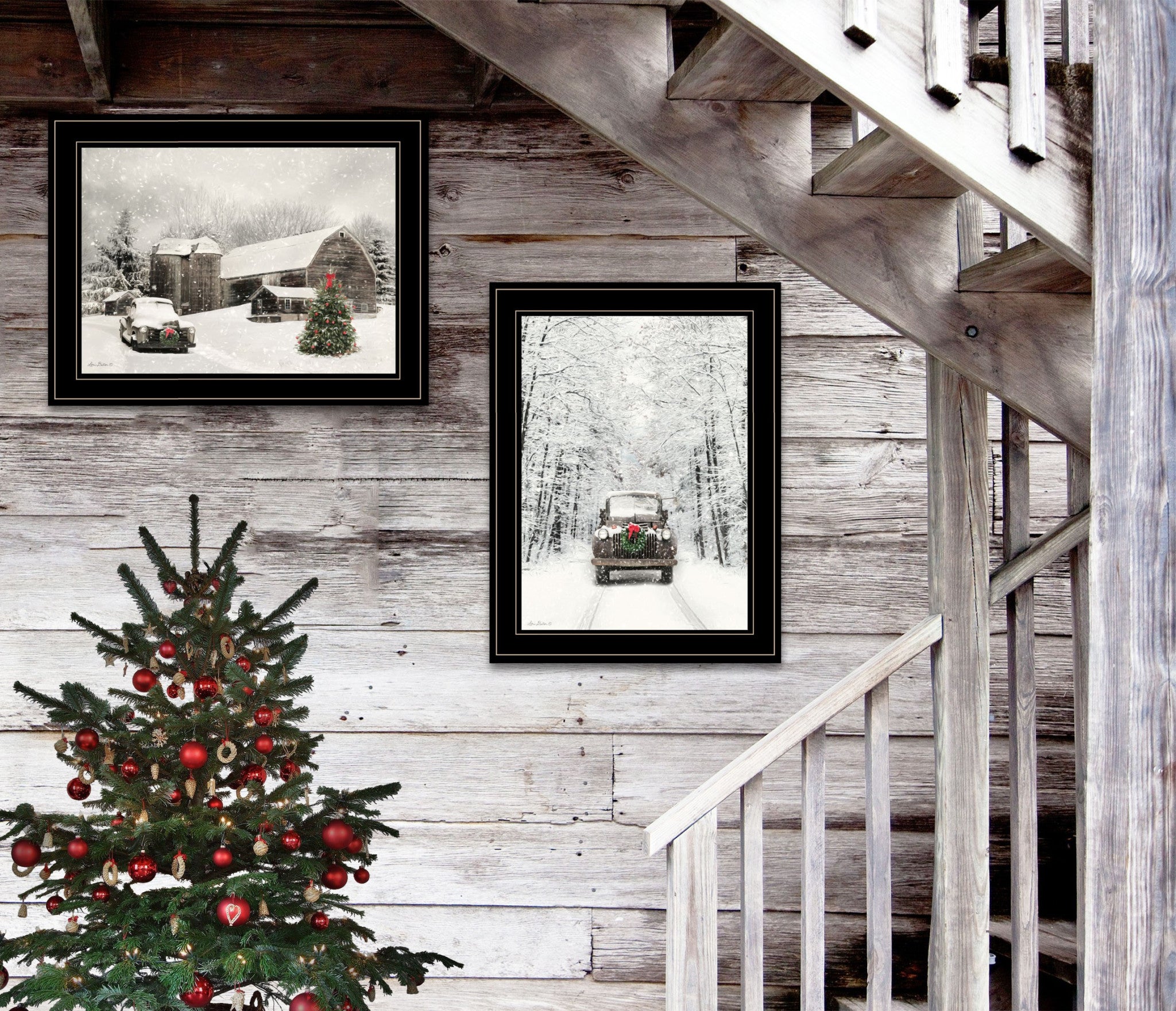 Set Of Two Antique Christmas 2 Black Framed Print Wall Art