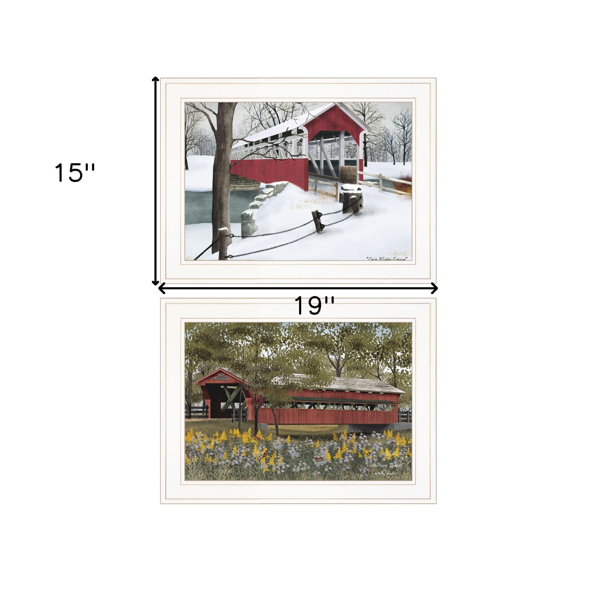 Set Of Two Covered Bridge Seasons White Framed Prints Wall Art