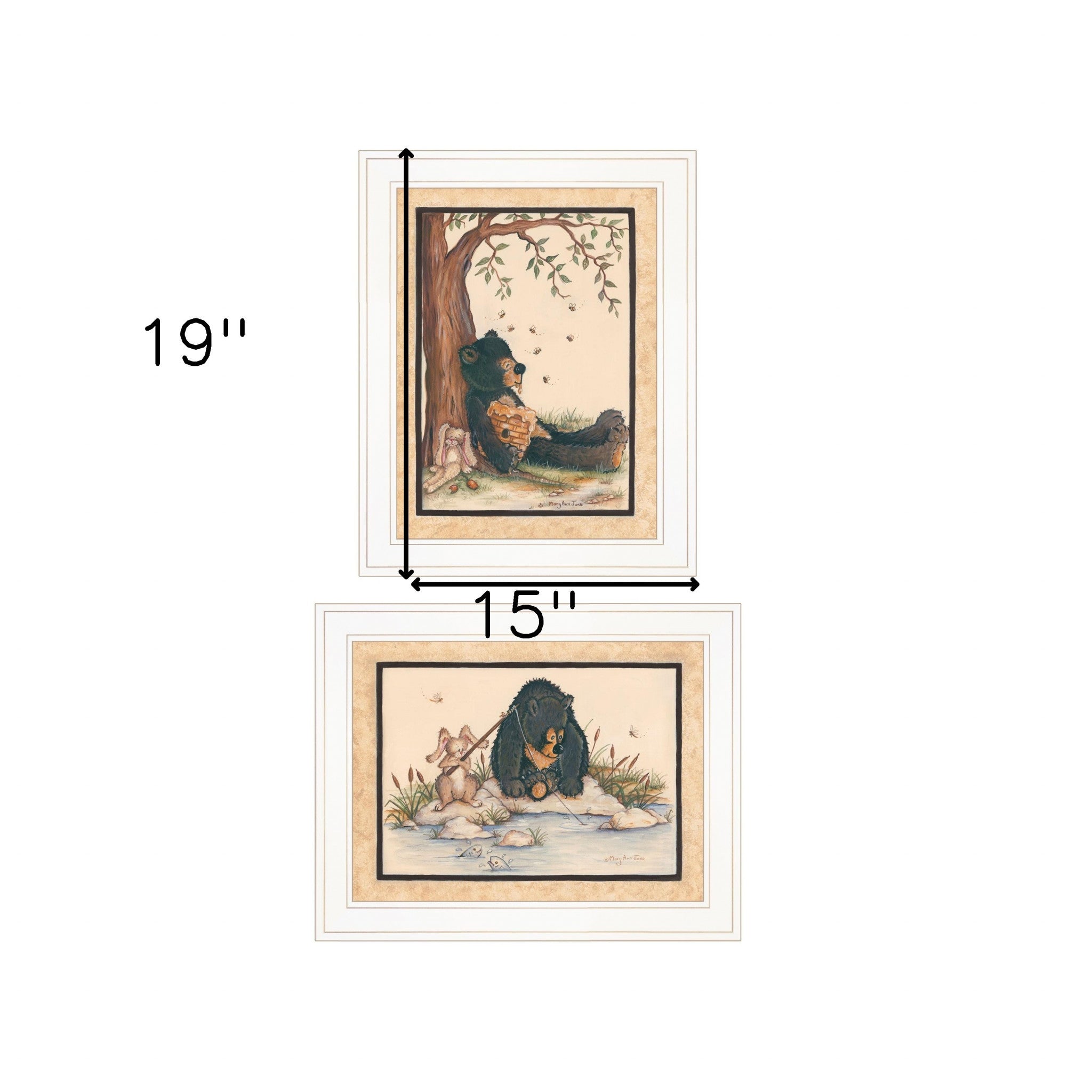 Set Of Two Gone Fishing Honey Bear and Bunny White Framed Print Wall Art