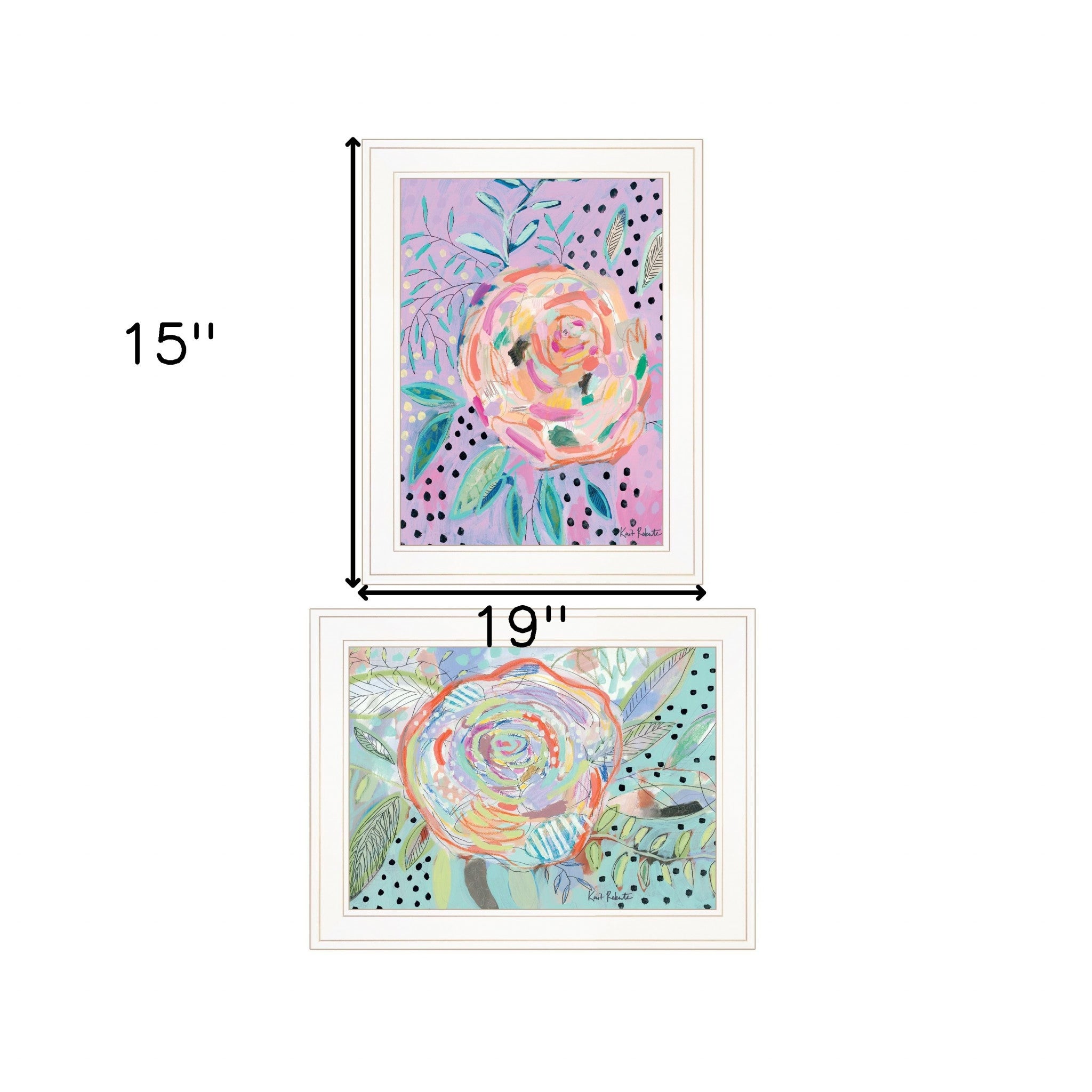 Set Of Two Colorful Big Bloom Abstract Flowers White Framed Prints Wall Art