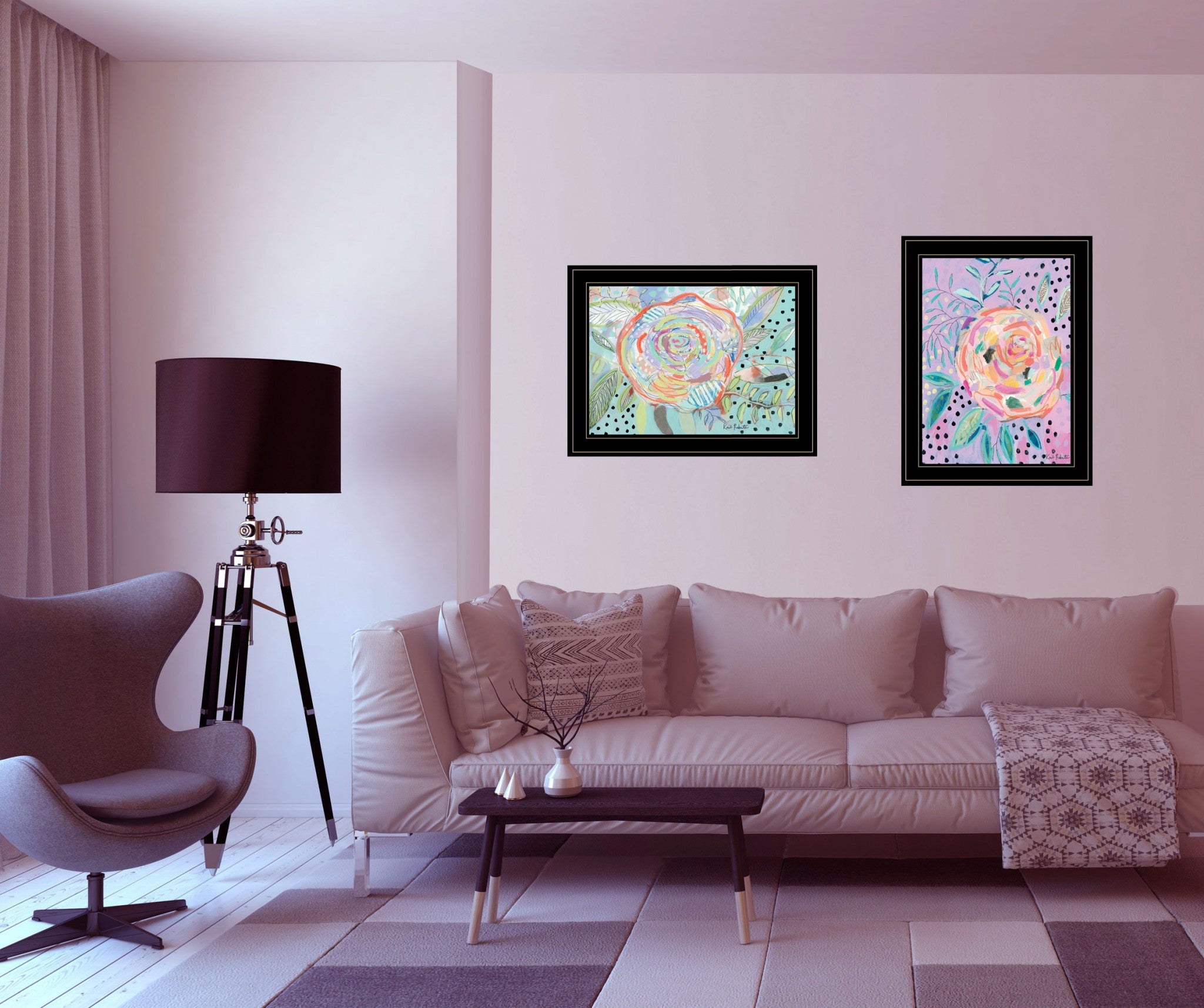 Set Of Two Colorful Big Bloom Abstract Flowers Black Framed Prints Wall Art