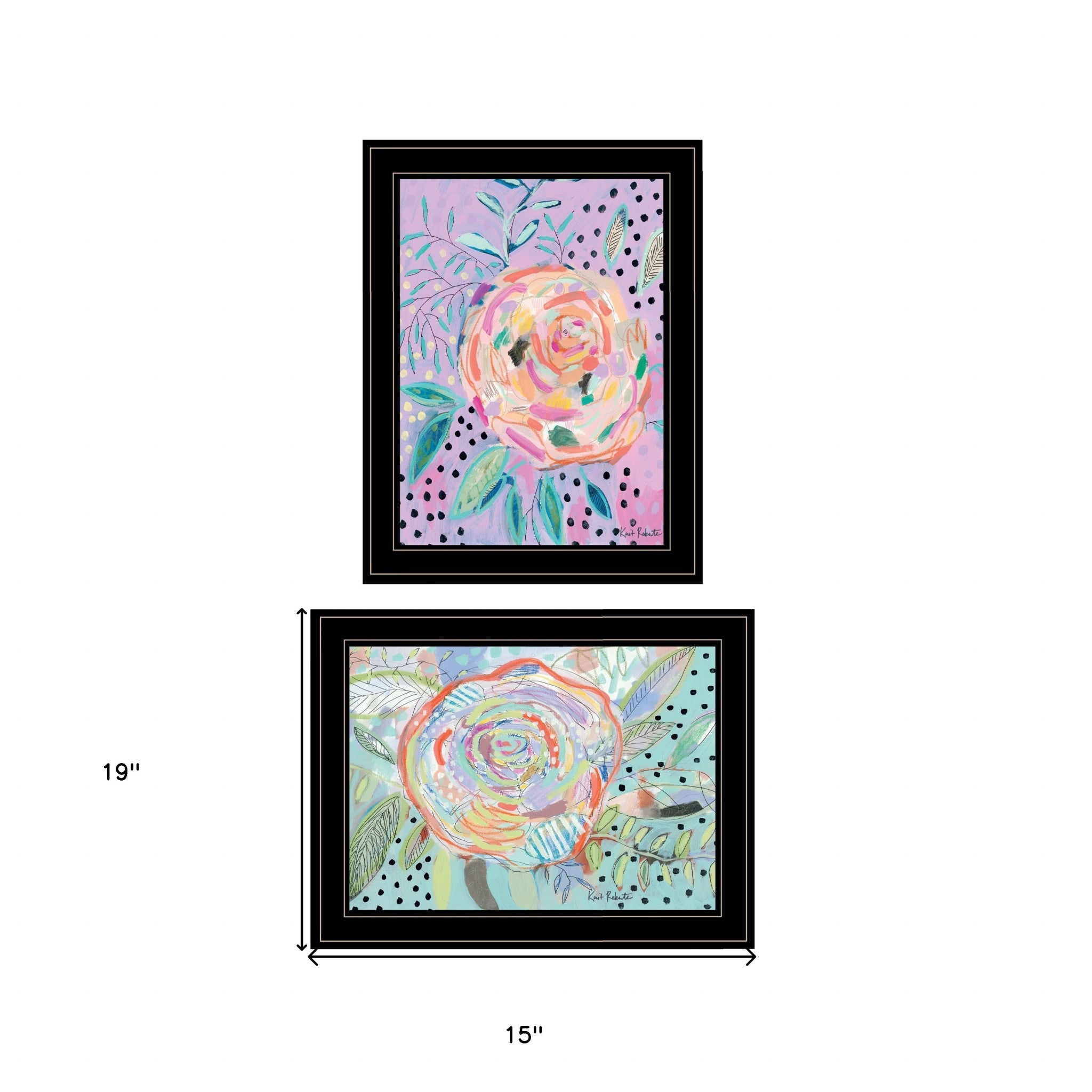 Set Of Two Colorful Big Bloom Abstract Flowers Black Framed Prints Wall Art